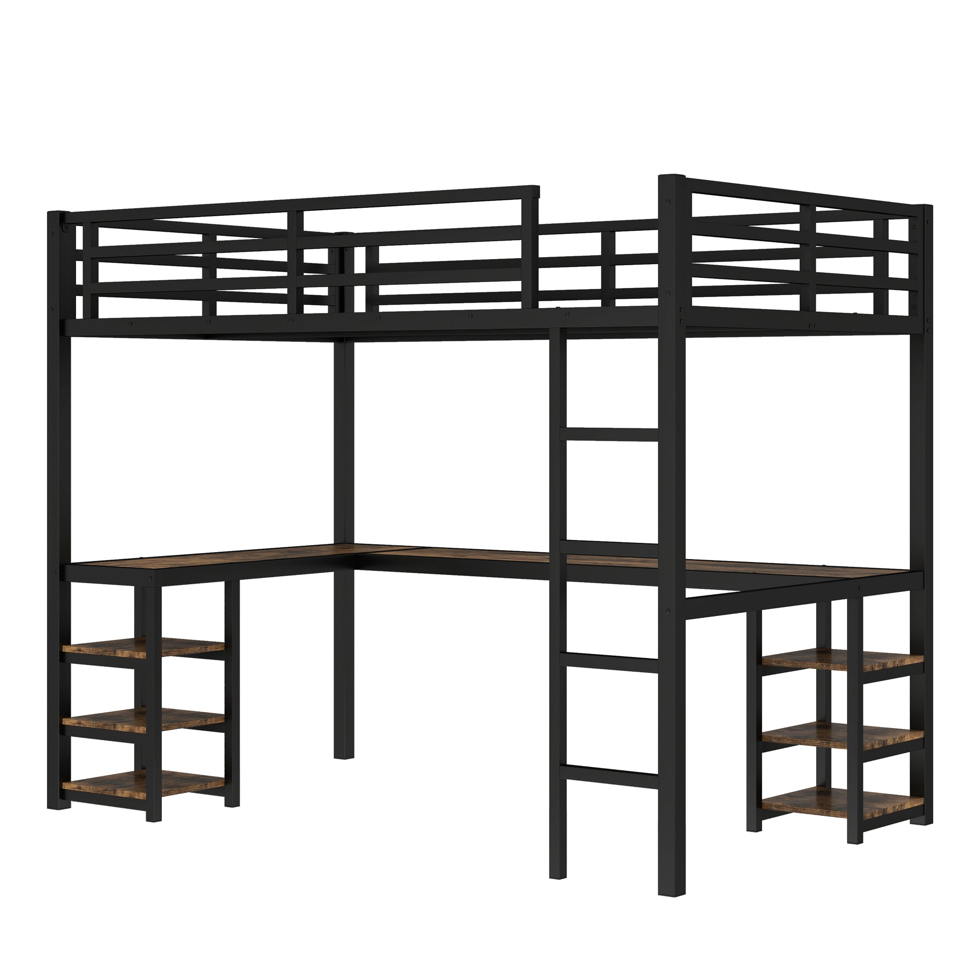 Uiowio Twin XL Metal Loft Bed with L-Shaped Desk Underneath & 6 Shelves & Storage, Space-Saving Bed Frame with Built-in Ladder & Safety Guardrail, for Teens
