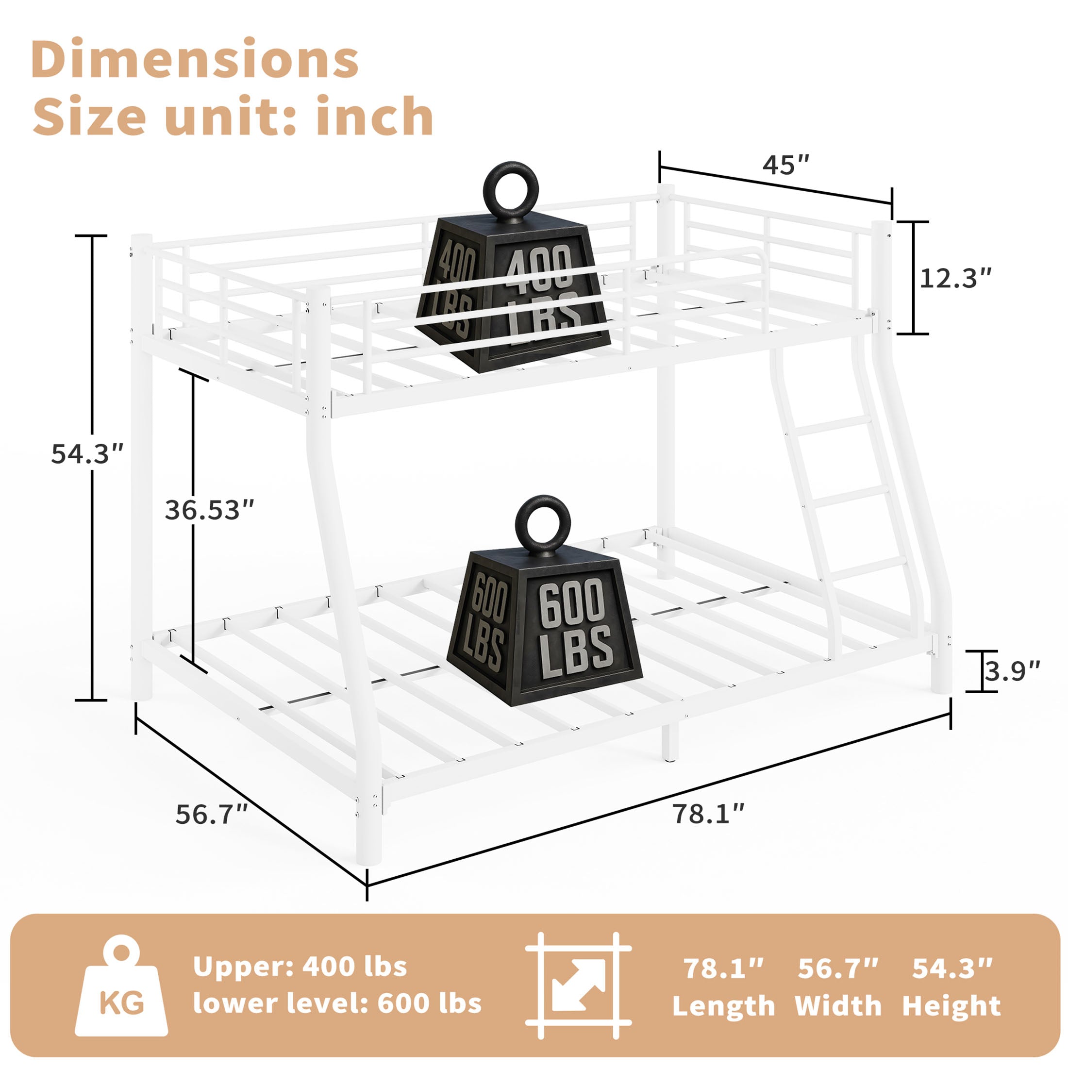 Kdymod Twin over Full Metal Low Bunk Bed with Stairs & Safety Guardrail, Includes 2 6" Memory Foam Mattresses, Space-Saving Heavy Duty Bed Frame for Adults & Teens, White