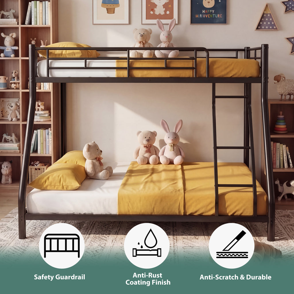 Netrum Twin over Full Bunk Bed for Teens Adults,Heavy Duty Metal Bunk Beds Frame with Ladder,Twin Full Size Bed Bunk Bed with Safe Guardrail for Small Rome,Black