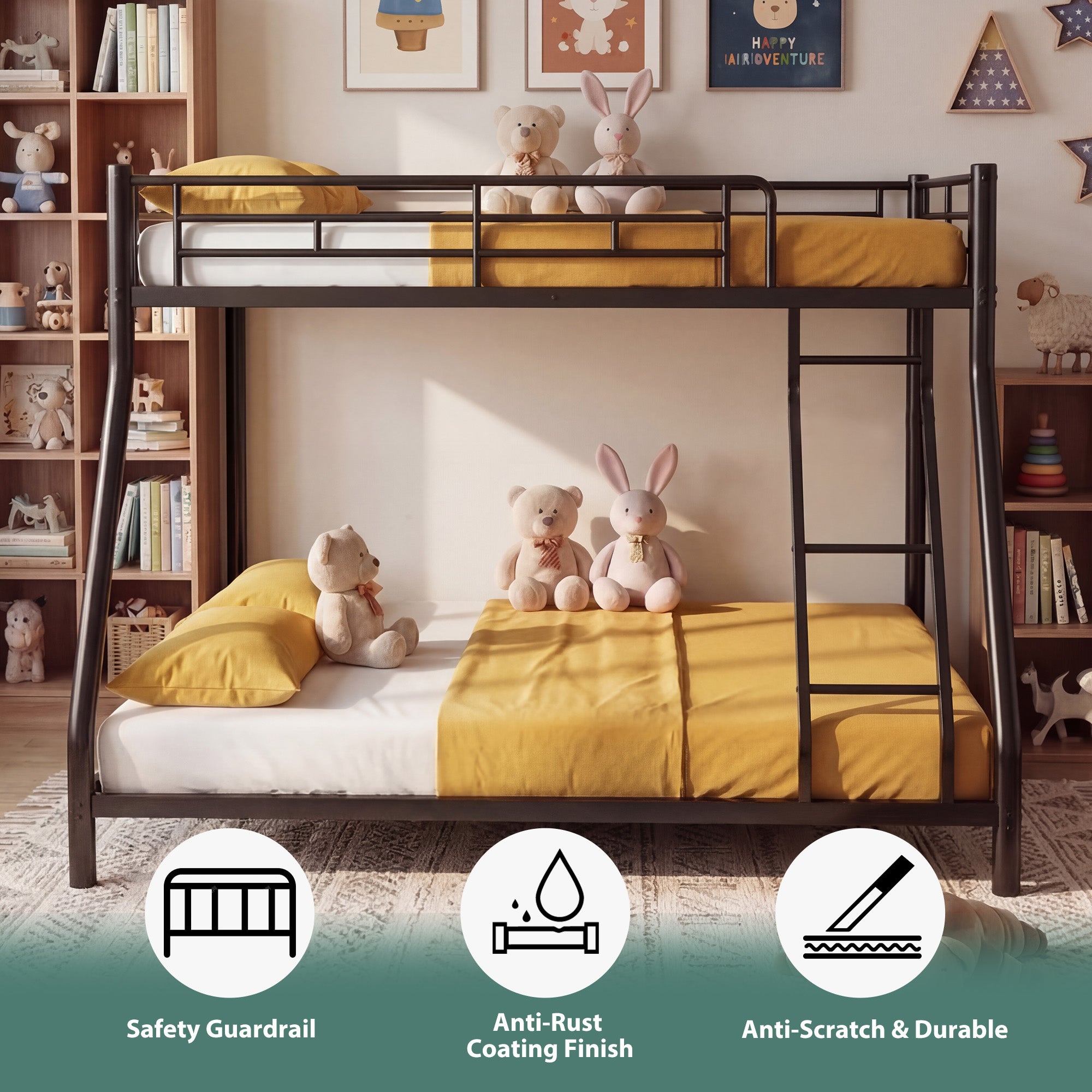Netrum Twin over Full Bunk Bed for Teens Adults,Heavy Duty Metal Bunk Beds Frame with Ladder,Twin Full Size Bed Bunk Bed with Safe Guardrail for Small Rome,Black