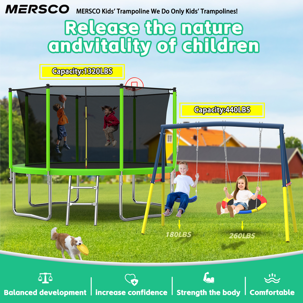 Mersco 12FT Heavy Duty Trampoline with Enclosure Net , Swing Set Outdoor Big Trampoline for Backyard,Kids Trampoline with Basketball Hoop,Birthday and Holiday Gifts for Kids,Green