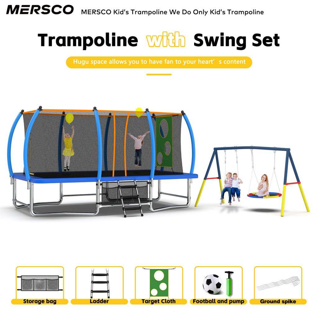 Mersco 8x14FT 4-in-1 Trampoline with Swing Set , Enclosure Net, Recreational Trampoline, Outdoor Kids and Adults Trampoline for Backyard, Beach, Birthday Gifts,Blue