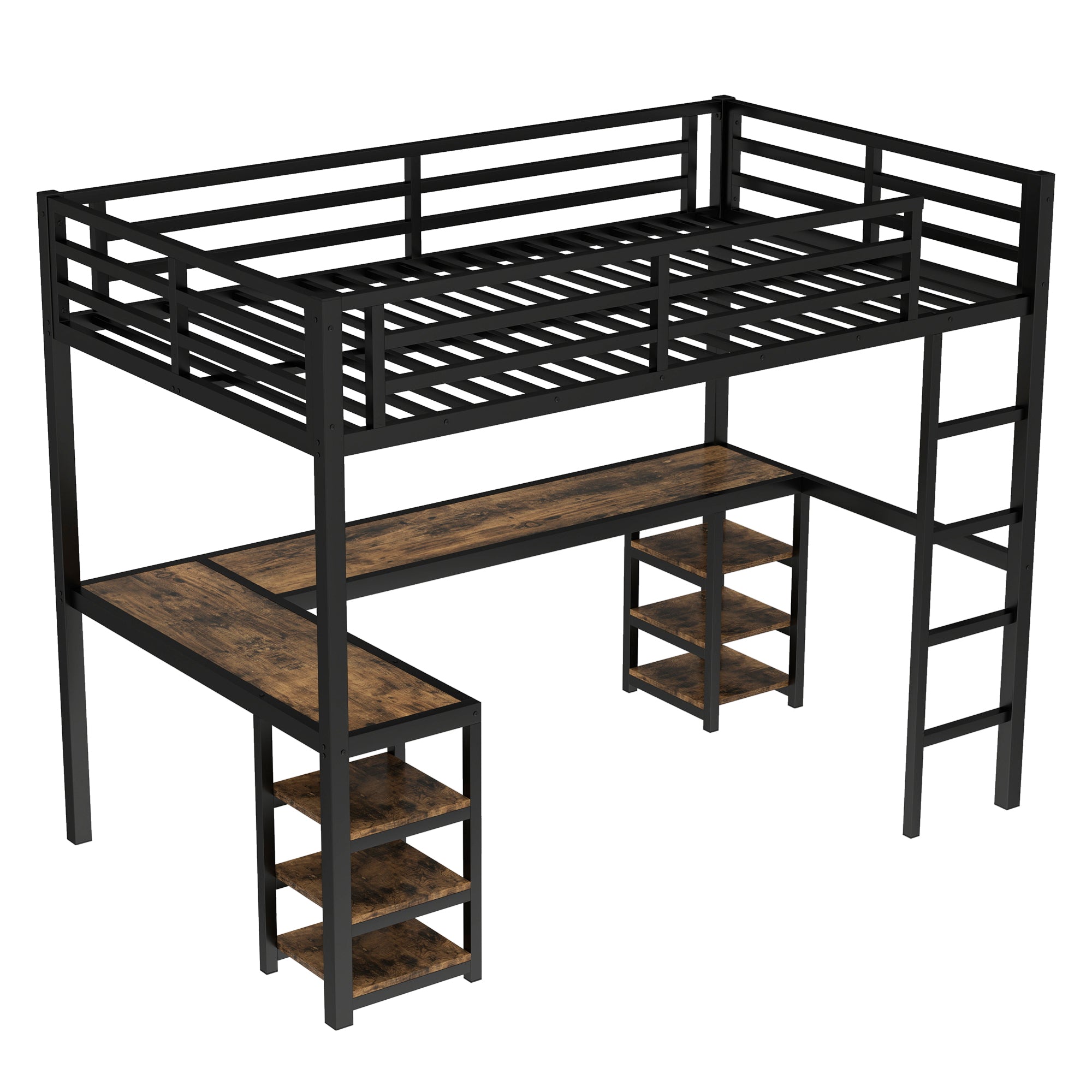 Uiowio Twin XL Metal Loft Bed with L-Shaped Desk Underneath & 6 Shelves & Storage, Space-Saving Bed Frame with Built-in Ladder & Safety Guardrail, for Teens