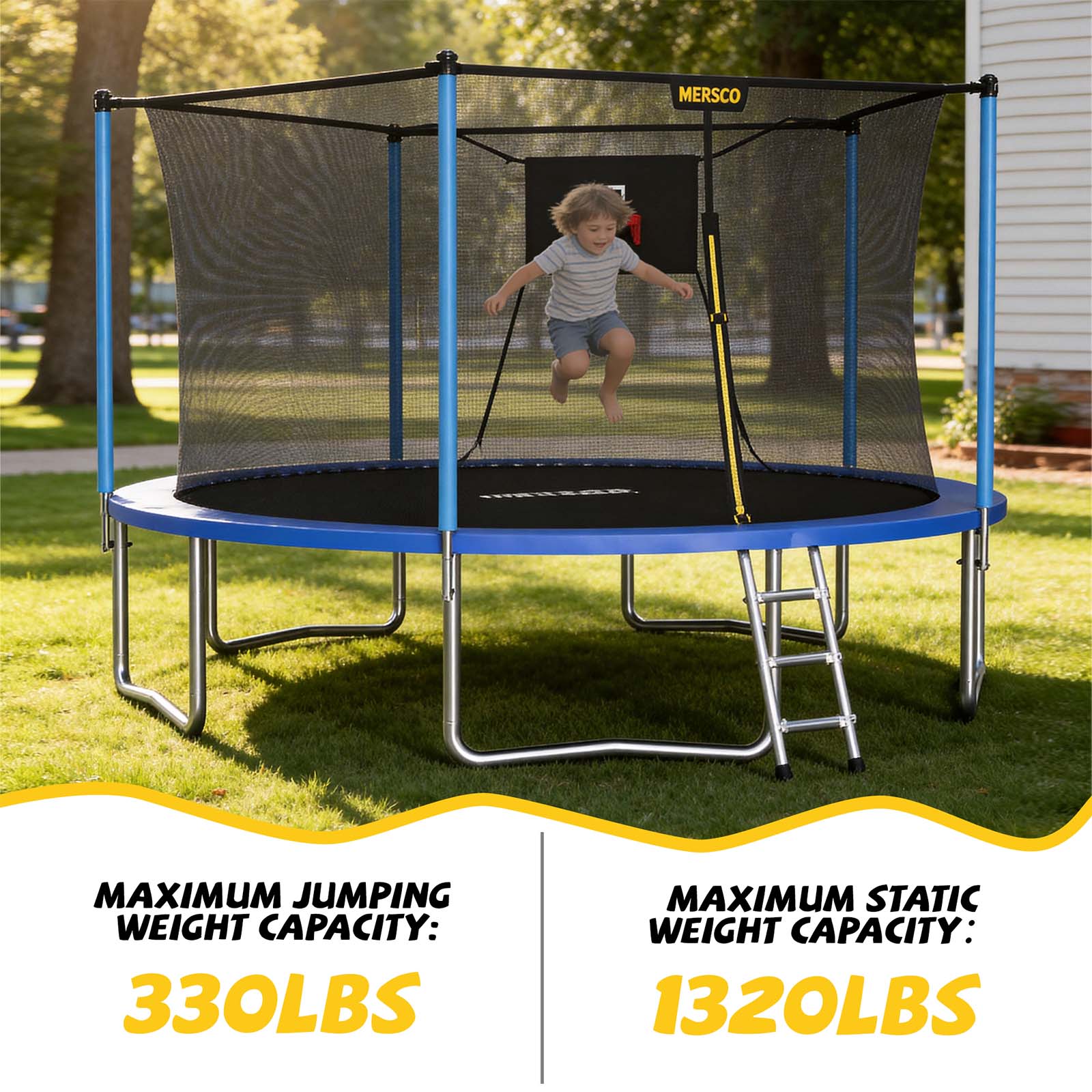 Mersco 14ft Trampoline Upgraded for Kids and Adults, Backyard Trampoline with Basketball Hoop and Enclosure Net,Jumping Trampoline PLAY for Boys and Girls Birthday Gift, Blue