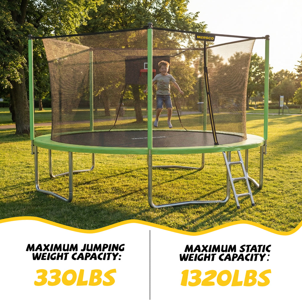 Mersco 14ft Trampoline for Kids and Adults, Outdoor Trampolines with Basketball Hoop and Enclosure Net, Heavy Duty Jumping Trampoline PLAY for Indoor Outdoor Boys and Girls Birthday Gift, Green