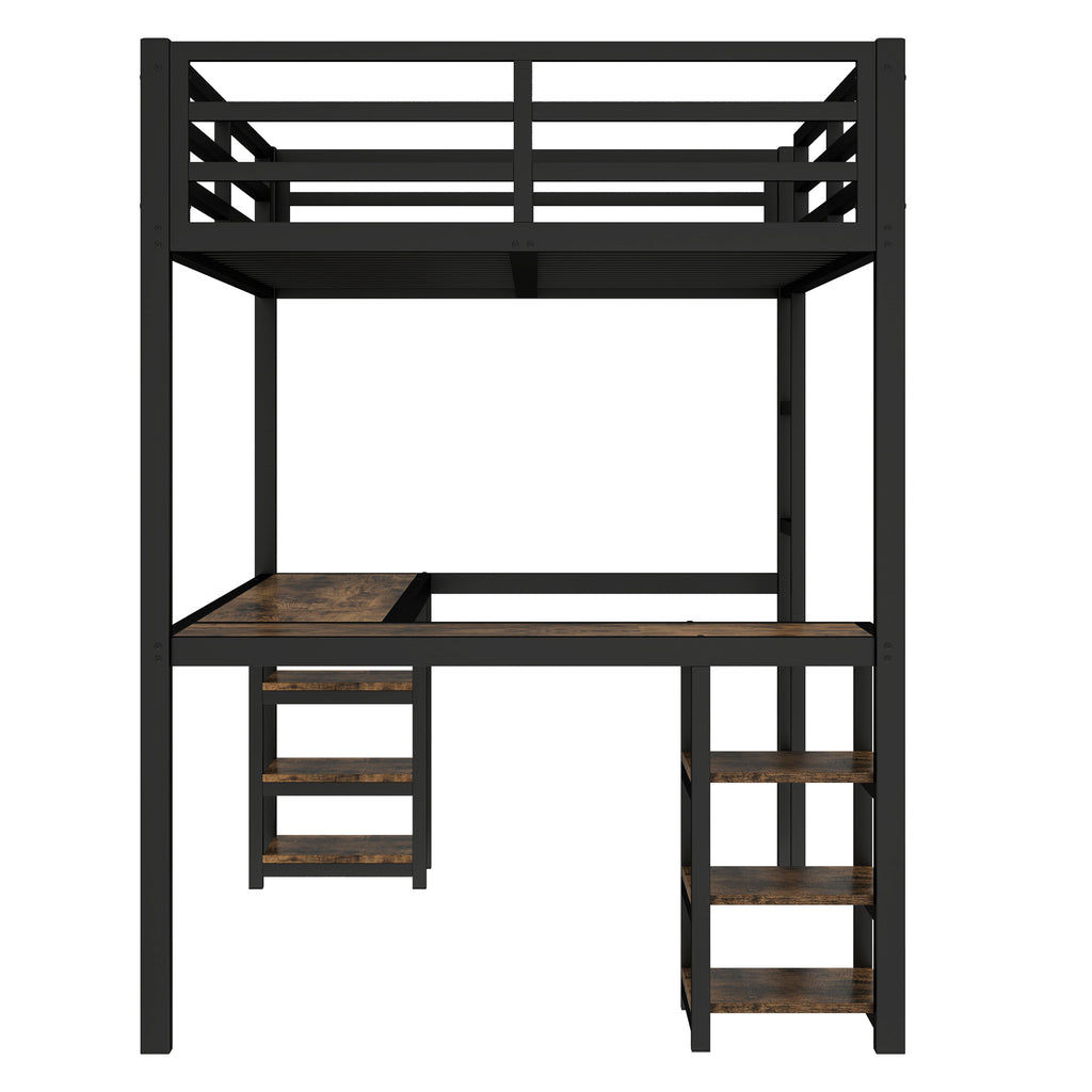 Uiowio Twin XL Metal Loft Bed with L-Shaped Desk Underneath & 6 Shelves & Storage, Space-Saving Bed Frame with Built-in Ladder & Safety Guardrail, for Teens