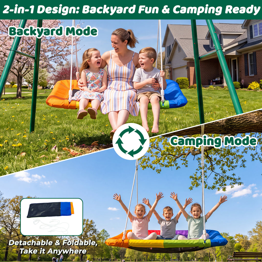 Mersco 60" Platform Swing Seat and Sturdy Metal A-Frame Stand for Kids , Detachable Rectangular Swing, 440 lbs Heavy-Duty A-Frame for Small Backyard Fun,Green