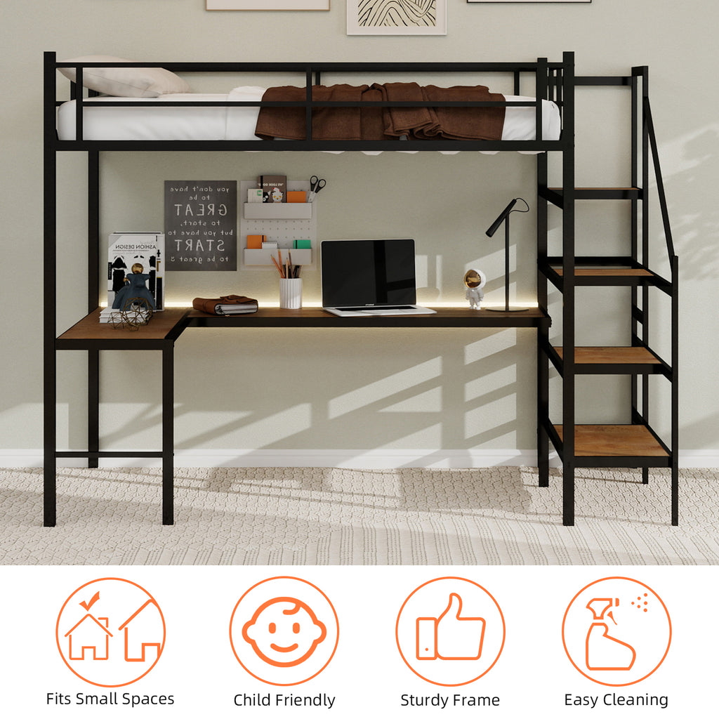 Uiowio Twin Loft Bed with L-Shaped Desk & Large Storage, Space-Saving Loft Bed Frame with Stairs & Continuous Guard Railing, Black
