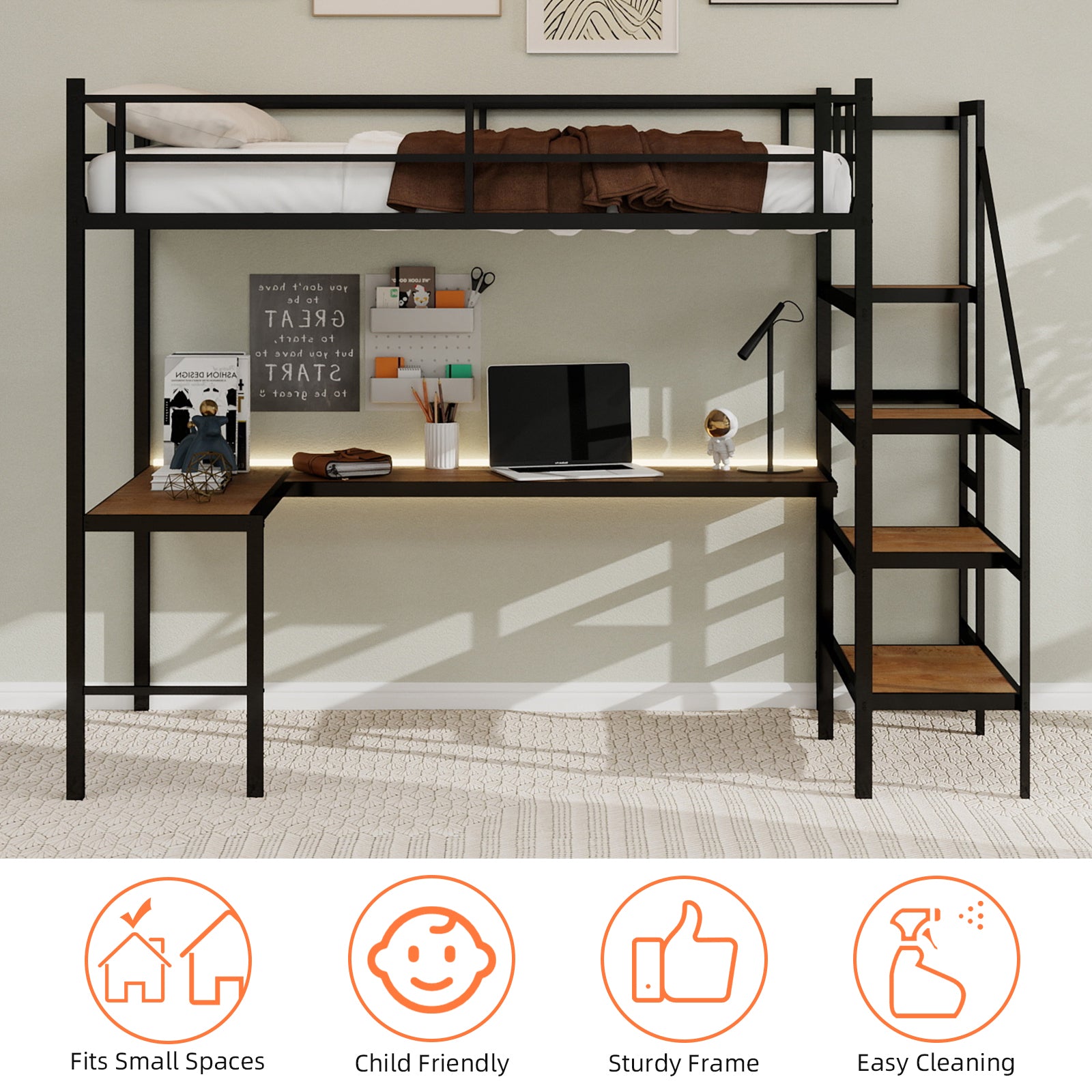Uiowio Twin Loft Bed with L-Shaped Desk & Large Storage, Space-Saving Loft Bed Frame with Stairs & Continuous Guard Railing, Black