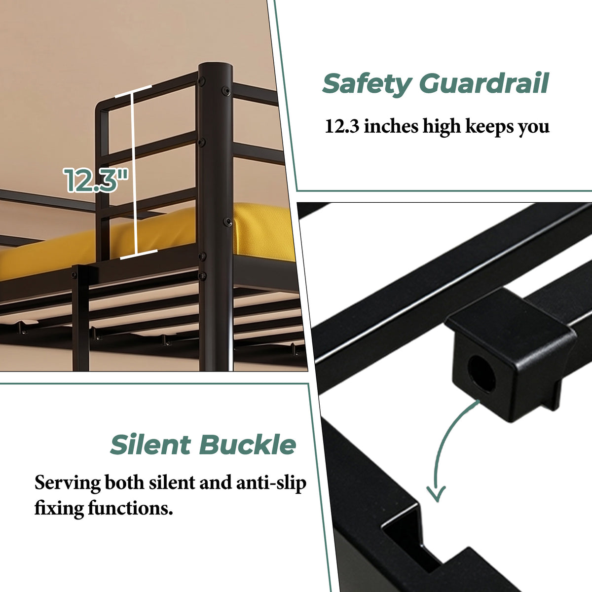 Kdymod Triple Bunk Bed Twin over Twin over Twin with Full-Length Guardrails & Reversible Ladder, Includes 3 Twin 6" Memory Foam Mattresses, Heavy-Duty Metal Bunk Bed Frame with Convertible Design