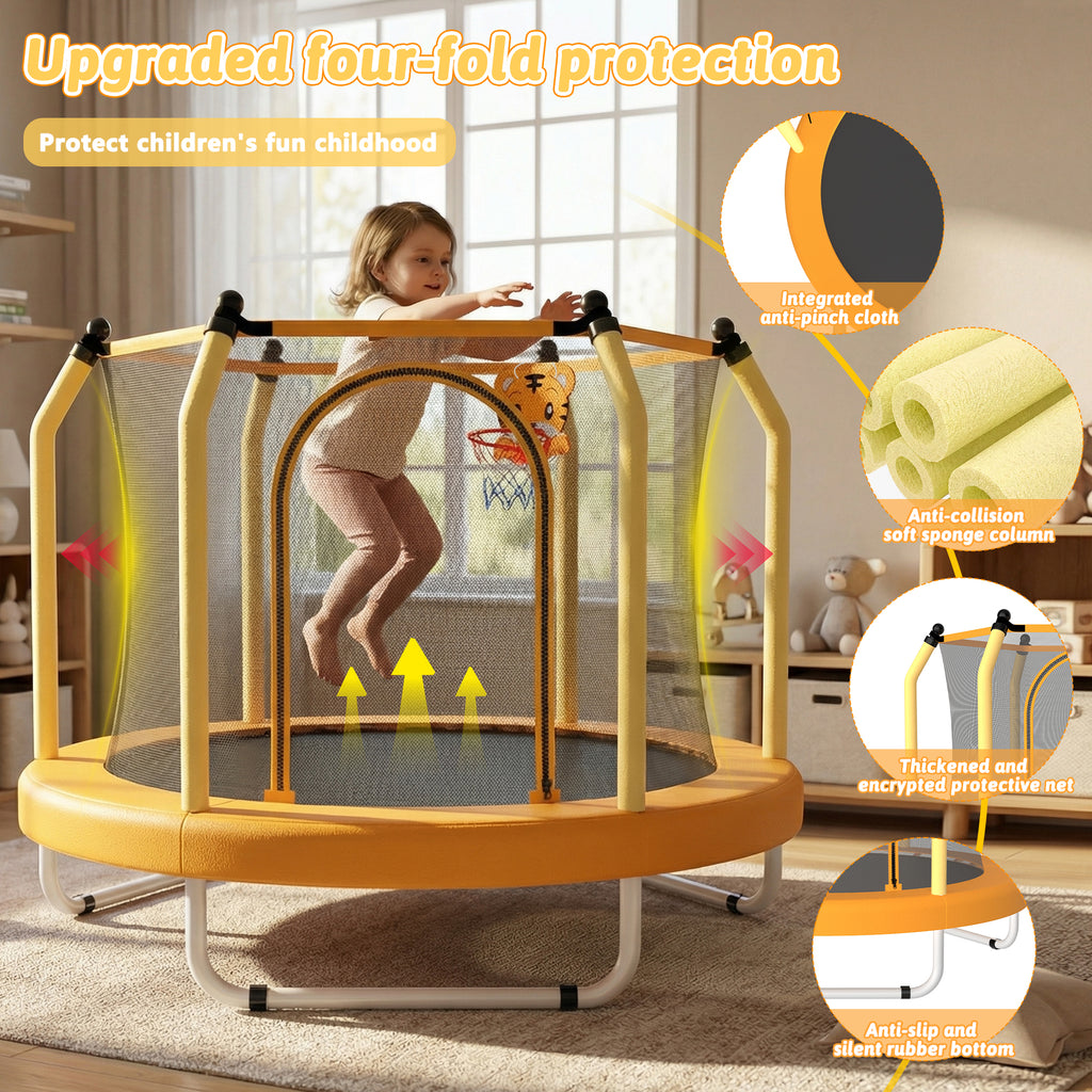 Mersco 55inch Kids Trampoline for Toddlers,Indoor and Outdor Trampoline with Safety Net, Mini Small Children Trampolines with Basketball Hoop,Toddler Trampoline Birthday Gifts for Boys Girls, Orange