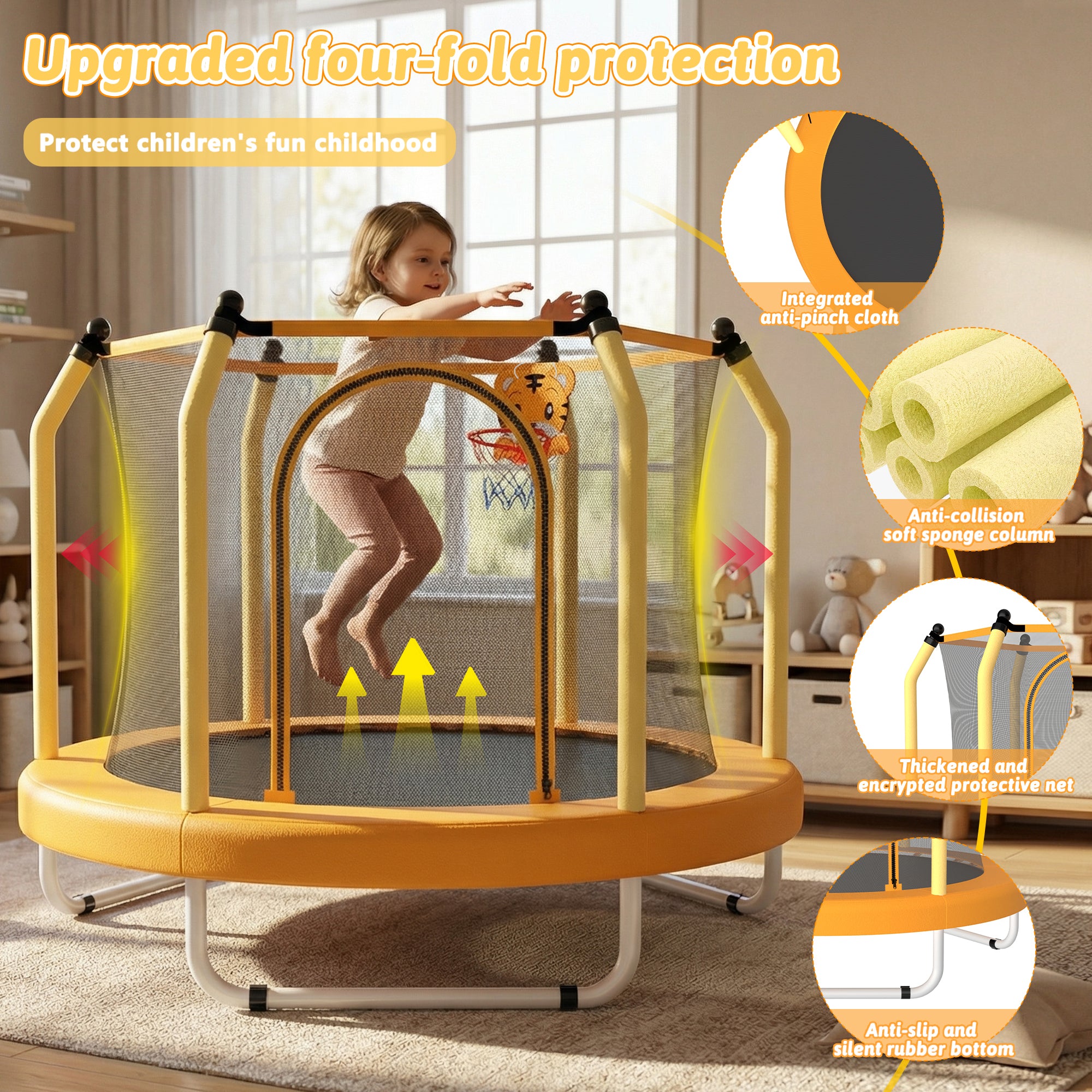Mersco 55inch Kids Trampoline for Toddlers,Indoor and Outdor Trampoline with Safety Net, Mini Small Children Trampolines with Basketball Hoop,Toddler Trampoline Birthday Gifts for Boys Girls, Orange