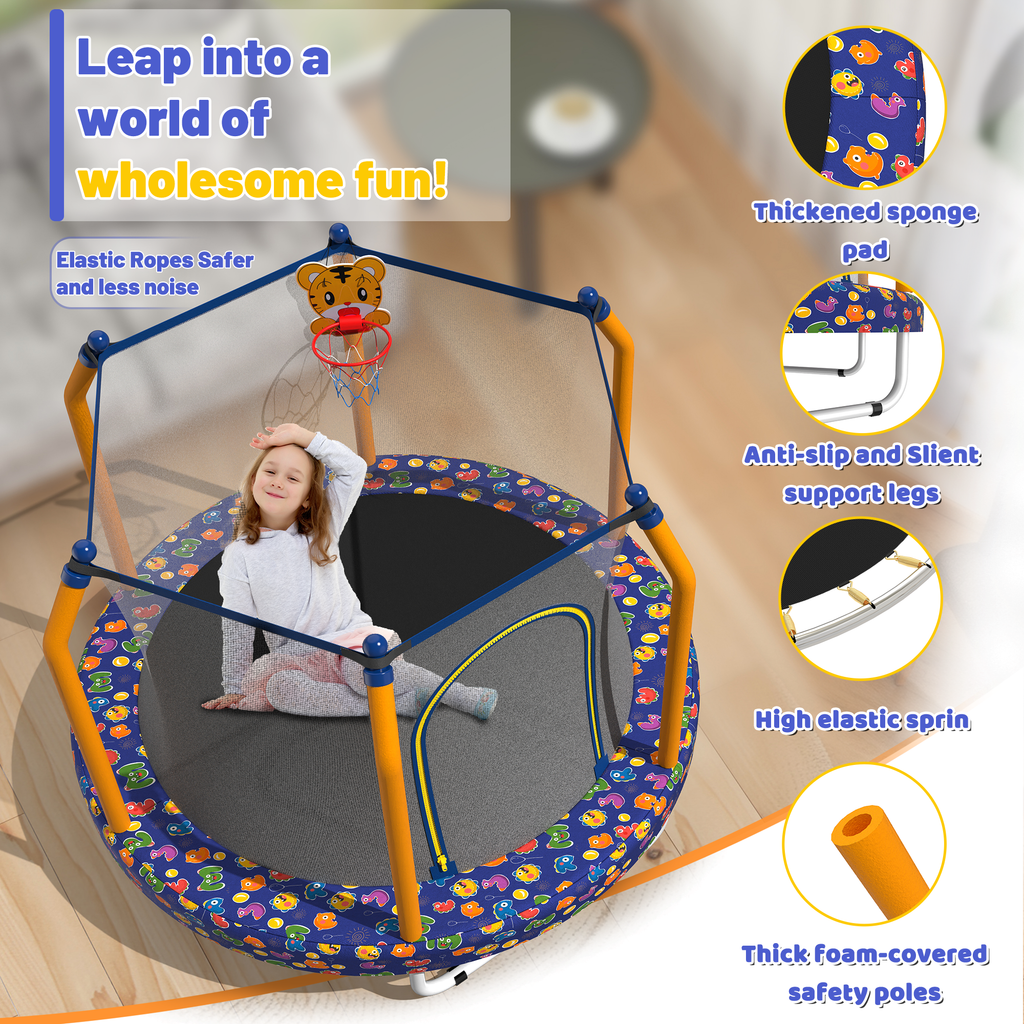 Mersco 55 inch Toddler Trampoline,Mini Trampoline for Kids with Enclosure and Basketball Hoop,Indoor and Outdoor Small Trampoline with Boxing Bag,Adjustable Gym Bar,Gifts for Boys & Girls,Orange