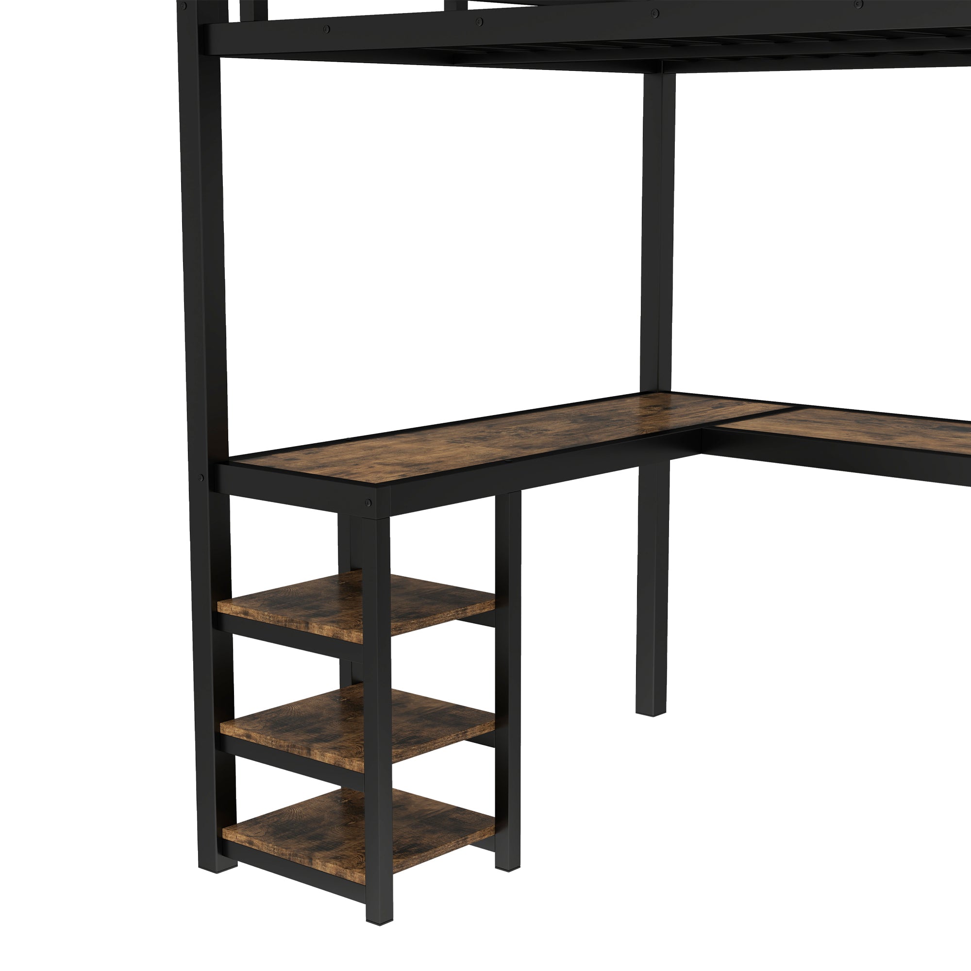 Uiowio Twin XL Metal Loft Bed with L-Shaped Desk Underneath & 6 Shelves & Storage, Space-Saving Bed Frame with Built-in Ladder & Safety Guardrail, for Teens