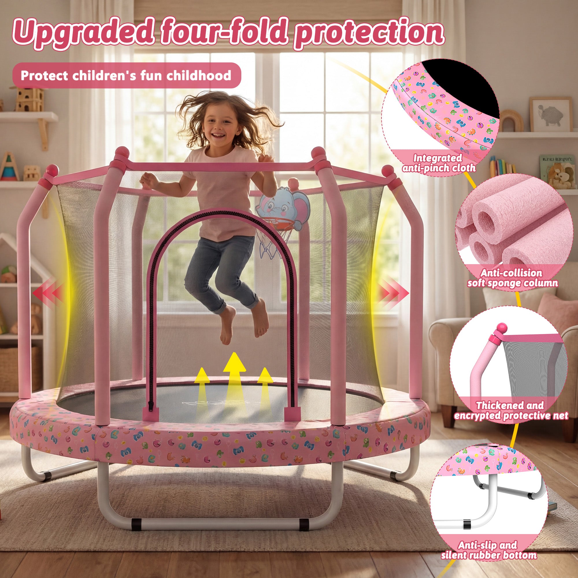 Mersco 55inch Toddler Trampoline, Mini Trampoline for Kids with Enclosure and Basketball Hoop,Indoor Outdoor Kids Trampoline Birthday Gifts, Pink