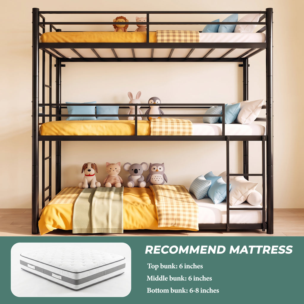 Kdymod Triple Bunk Bed Twin over Twin over Twin with 2 Ladders & Guardrails, Includes 3 Twin 6" Memory Foam Mattresses, Heavy Duty Detachable Metal Bed Frame, Converts to 3 Separate Beds