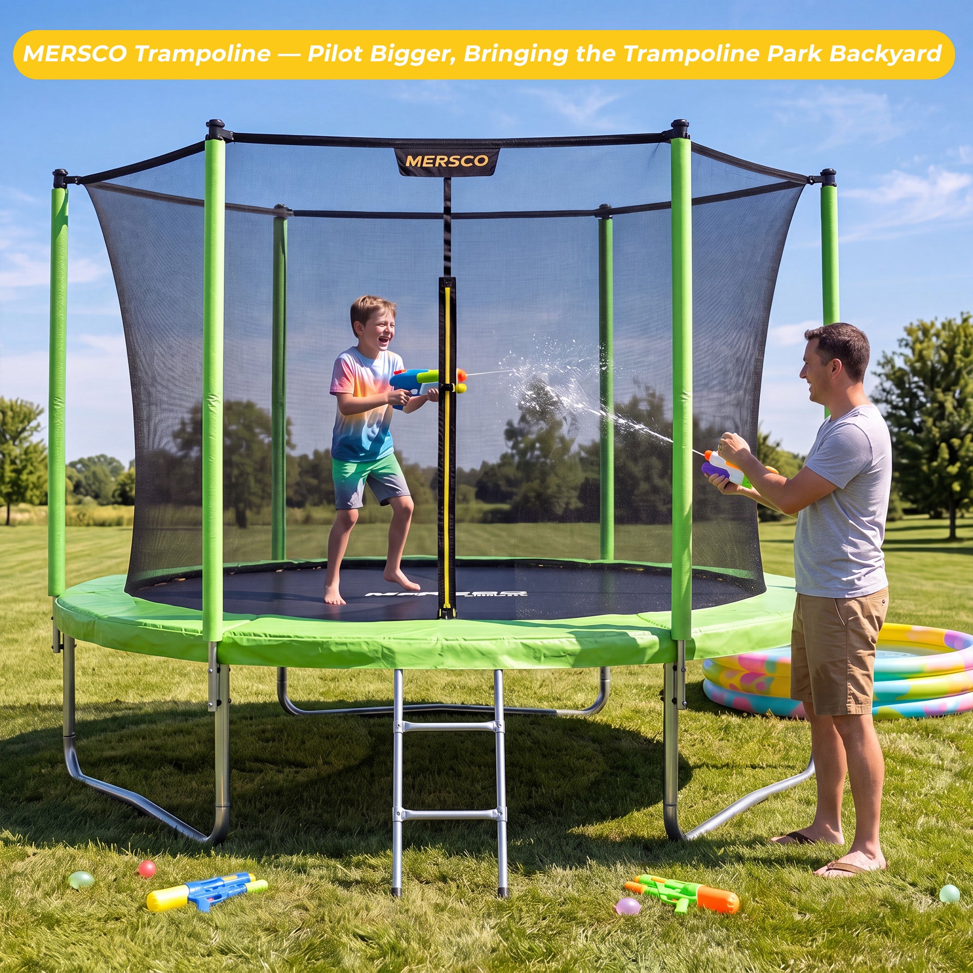 Mersco 10ft Trampoline for Kids,Outdoor Trampoline with Enclosure Net and Ladder,Upright-Poled Backyard Trampoline PLAY for Family Fun,Birthday Gifts,Green