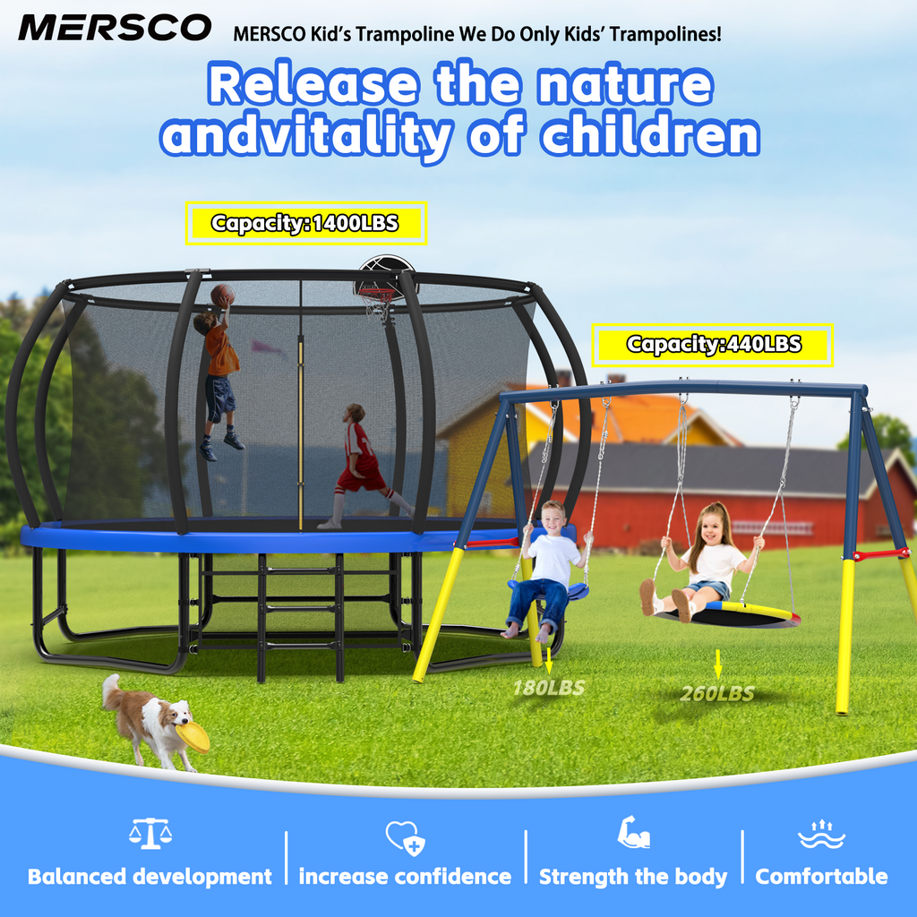 Mersco 14FT Heavy Duty Trampoline with Enclosure Net & Swing Set Outdoor Big Trampoline for Backyard, Kids Trampoline with Basketball Hoop, 1320LBS Capacity (Blue)