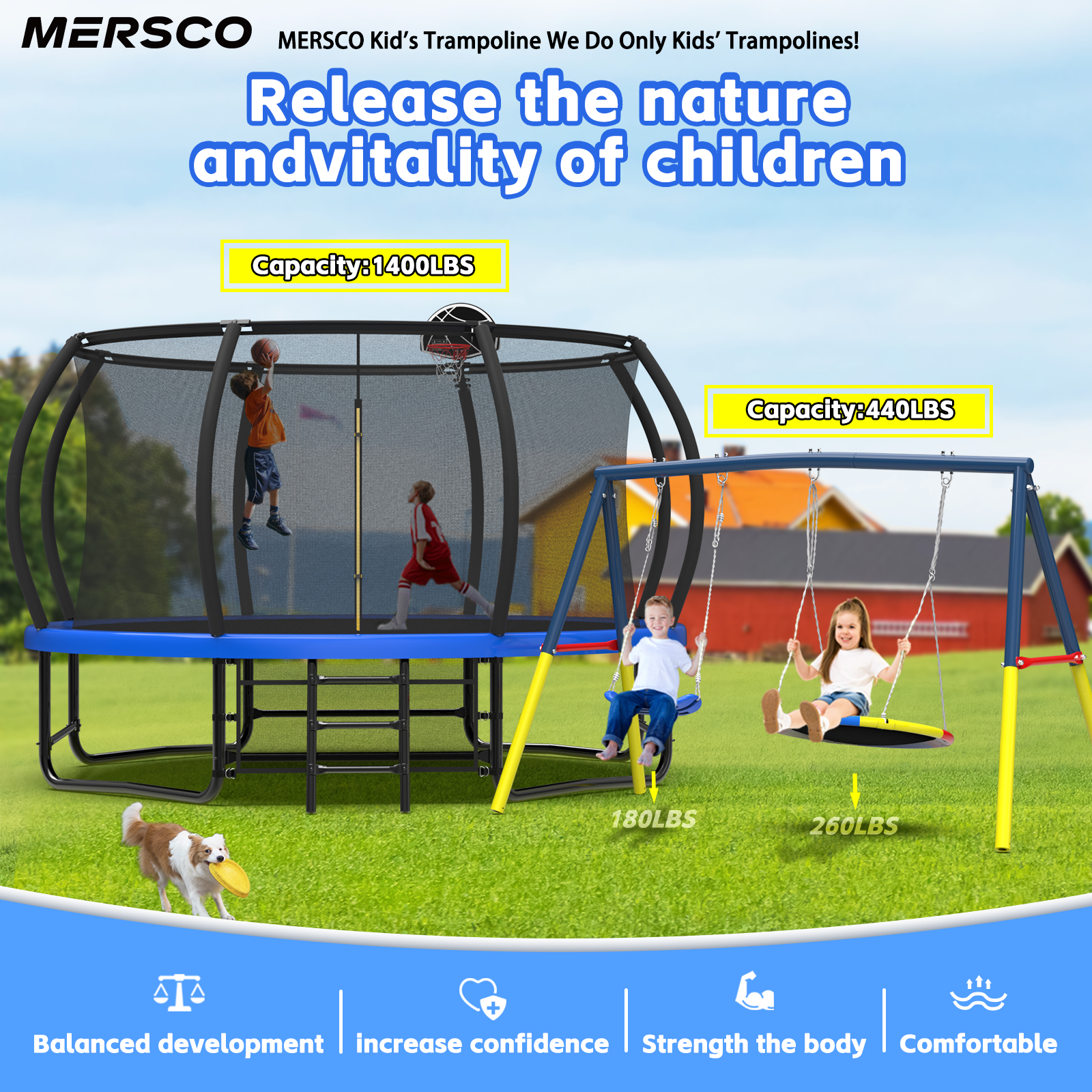 Mersco 14FT Heavy Duty Trampoline with Enclosure Net & Swing Set Outdoor Big Trampoline for Backyard, Kids Trampoline with Basketball Hoop, 1320LBS Capacity (Blue)