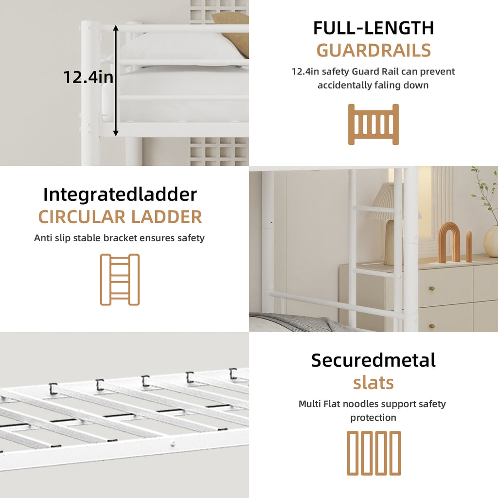 Uiowio Triple Bunk Bed Twin over Twin with Trundle,Triple Twin Bunk Bed with Ladder & Guardrail,Metal Convertible Triple Bunk Bed Frame for Teen & Adult,Bedroom,Dorm,White (Mattress not included)