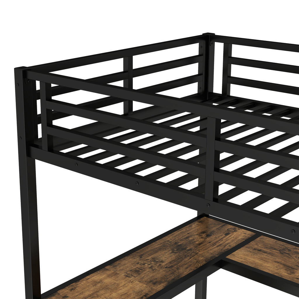 Uiowio Twin XL Metal Loft Bed with L-Shaped Desk Underneath & 6 Shelves & Storage, Space-Saving Bed Frame with Built-in Ladder & Safety Guardrail, for Teens