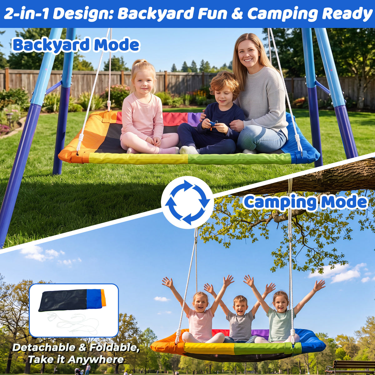 MERSCO 60" Extra Large Rectangle Swing Set with Stand, Heavy Duty Double A-Frame Metal Swing for Kids Ages 3-10, 440 lbs Capacity, 900D Oxford Rectangle Swing Seat, Outdoor Backyard Playset