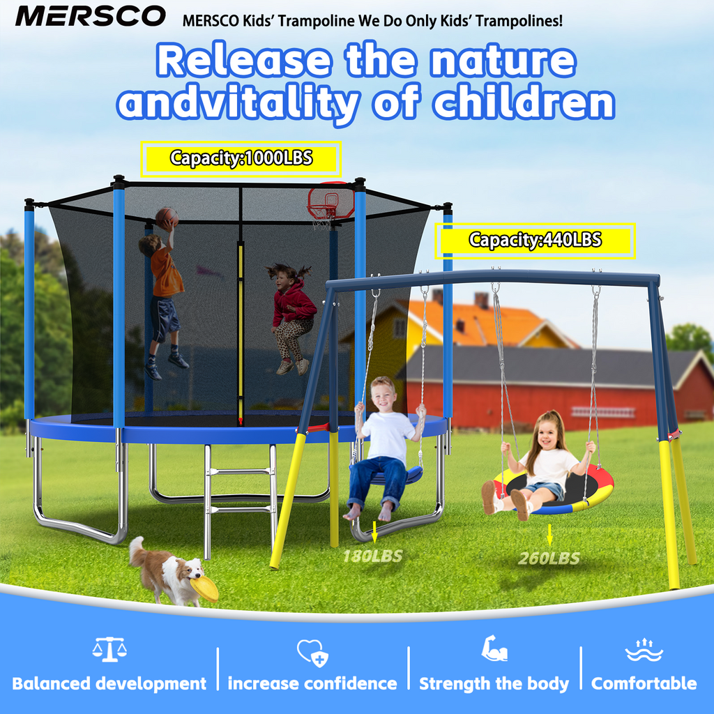 Mersco 10FT Heavy Duty Trampoline with Enclosure Net , Swing Set Outdoor Big Trampoline for Backyard,Kids Trampoline with Basketball Hoop,Birthday and Holiday Gifts for Kids,Blue