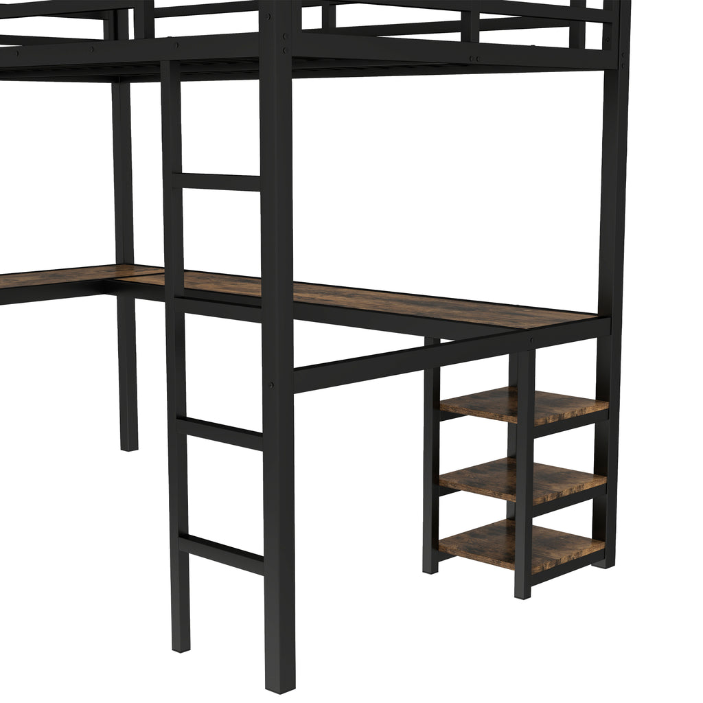 Uiowio Twin XL Metal Loft Bed with L-Shaped Desk Underneath & 6 Shelves & Storage, Space-Saving Bed Frame with Built-in Ladder & Safety Guardrail, for Teens