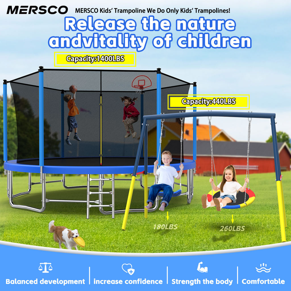 Mersco 15FT Heavy Duty Trampoline with Enclosure Net ,Swing Set Outdoor Big Trampoline for Backyard,Kids Trampoline with Basketball Hoop,Birthday and Holiday Gifts for Kids Jumping Trampoline,Blue