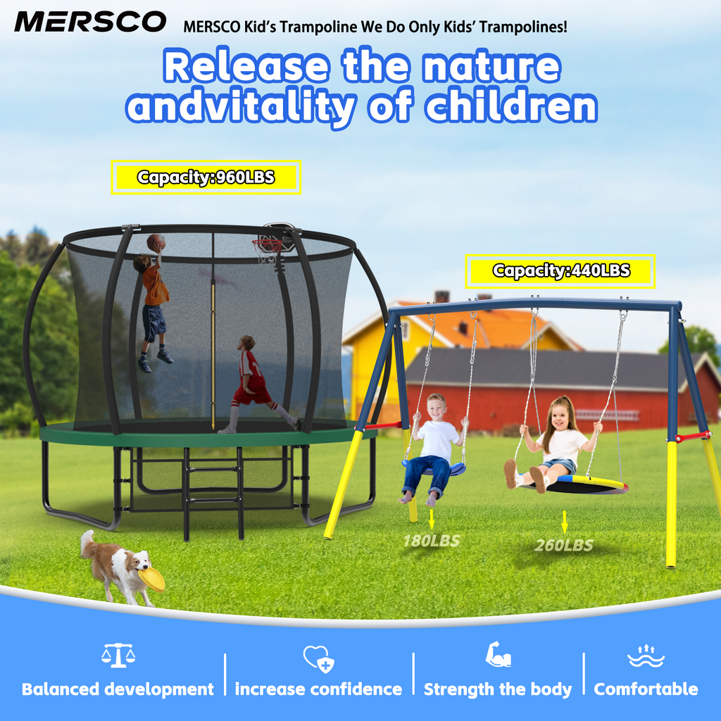 Mersco 10FT Heavy Duty Trampoline with Enclosure Net , Swing Set Outdoor Big Trampoline for Backyard, Kids Trampoline with Basketball Hoop, Kids Birthday and Festival Gifts,Green