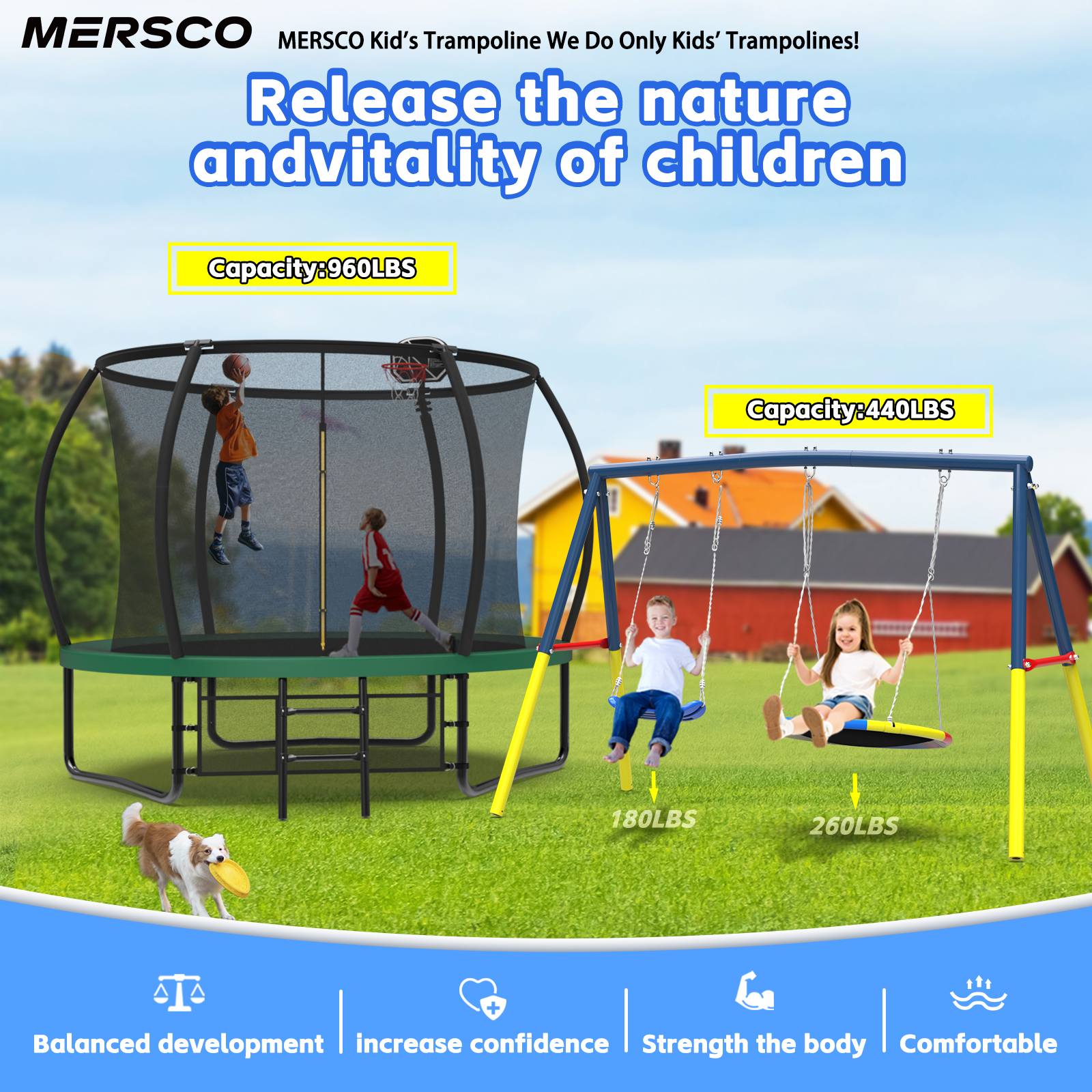 Mersco 10FT Heavy Duty Trampoline with Enclosure Net , Swing Set Outdoor Big Trampoline for Backyard, Kids Trampoline with Basketball Hoop, Kids Birthday and Festival Gifts,Green