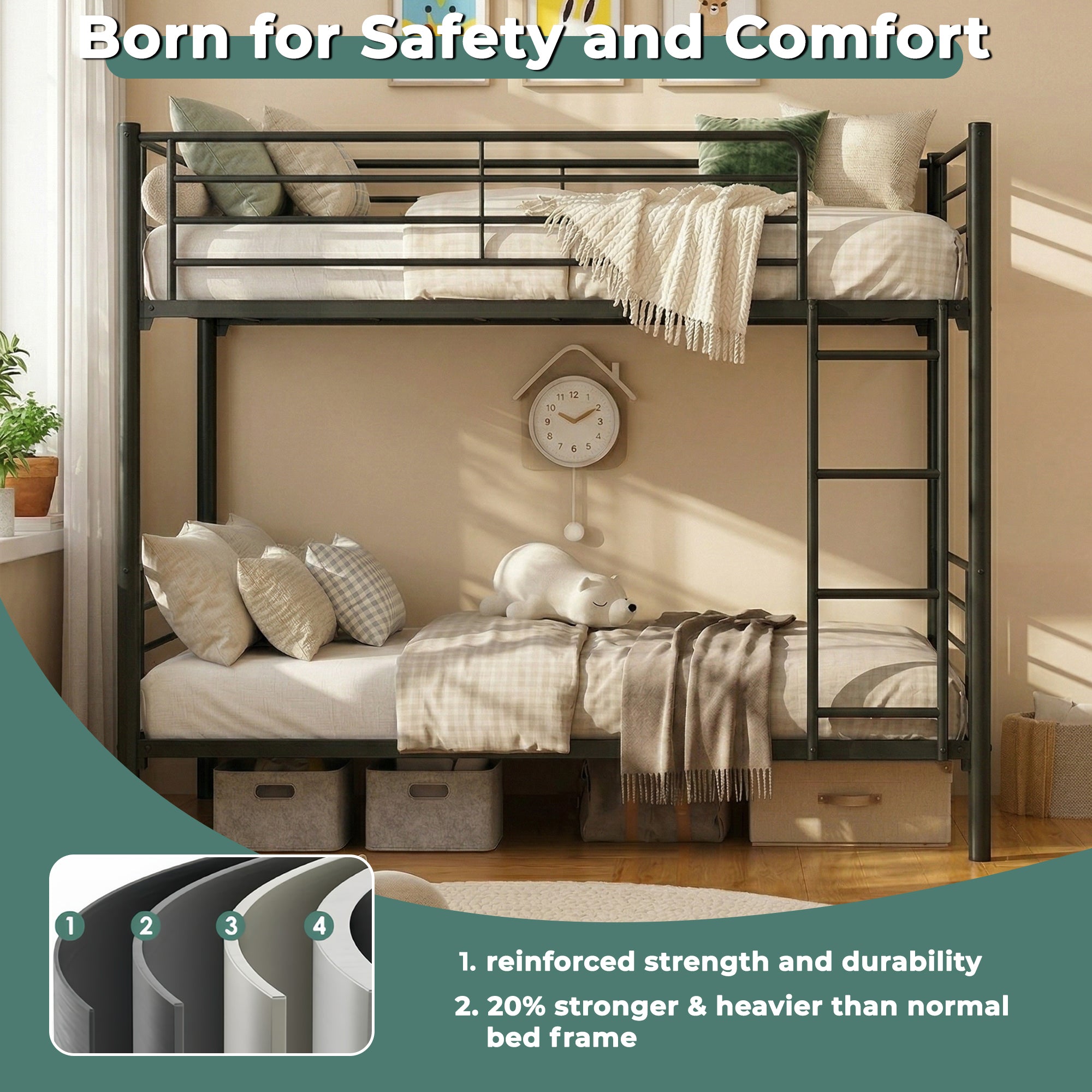 Uiowio Twin over Twin Metal Bunk Bed with Built-in Ladder & Safety Guardrail, Space-Saving Bunk Beds Frame with Storage for Bedroom & Dorm Room, Black