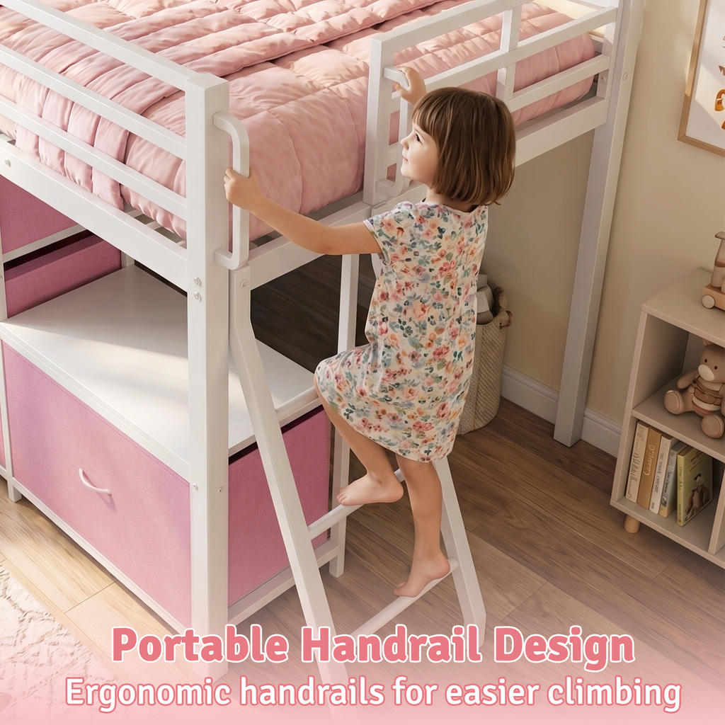 Kdymod Full Loft Bed with 6 Storage Drawers & Shelf, Loft Bed with LED Lights & Play Curtain, Metal Loft Bed Frame with Ladder & Safety Guardrail, Pink