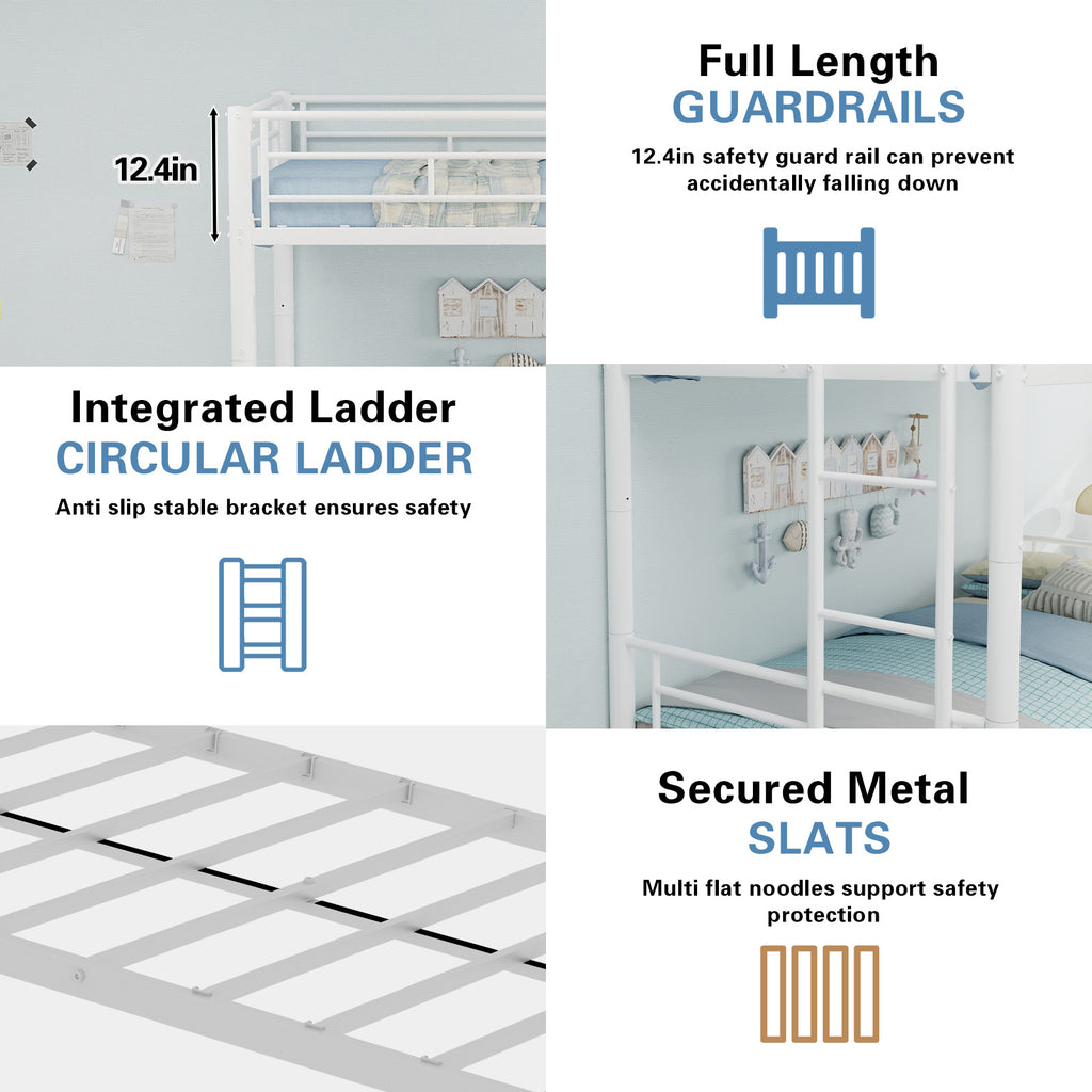 Kdymod Triple Bunk Bed Twin over Twin with Twin Trundle, Bunk Bed with Convertible 2-in-1 Design, Metal Bunk Bed Frame with Ladder & Safety Guardrail, Space-Saving for Teens and Adults, White