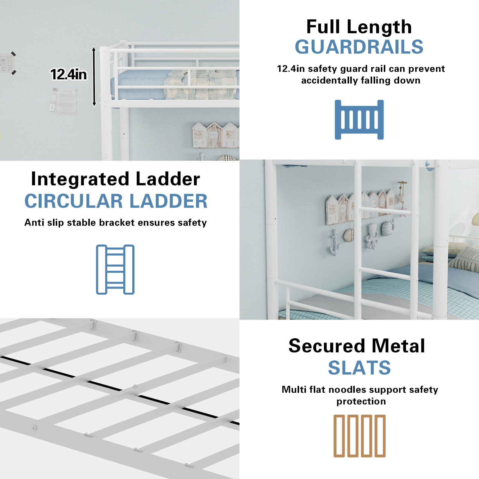 Kdymod Triple Bunk Bed Twin over Twin with Twin Trundle, Bunk Bed with Convertible 2-in-1 Design, Metal Bunk Bed Frame with Ladder & Safety Guardrail, Space-Saving for Teens and Adults, White