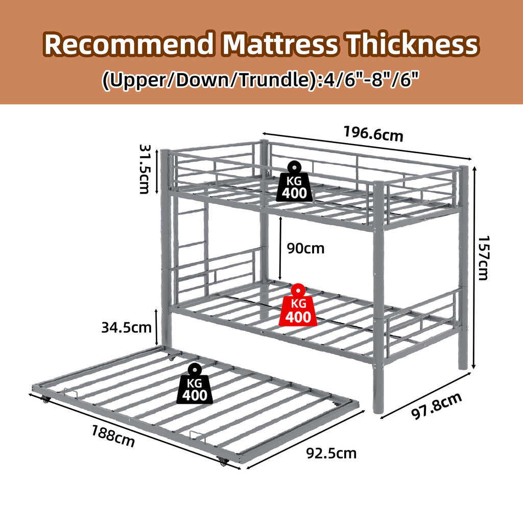 Kdymod Triple Bunk Bed Twin over Twin with Trundle, Convertible Metal Bunk Bed Frame with Ladder & Safety Guardrail, Space-Saving for Teens and Adults, Bedroom Dorm, Silver