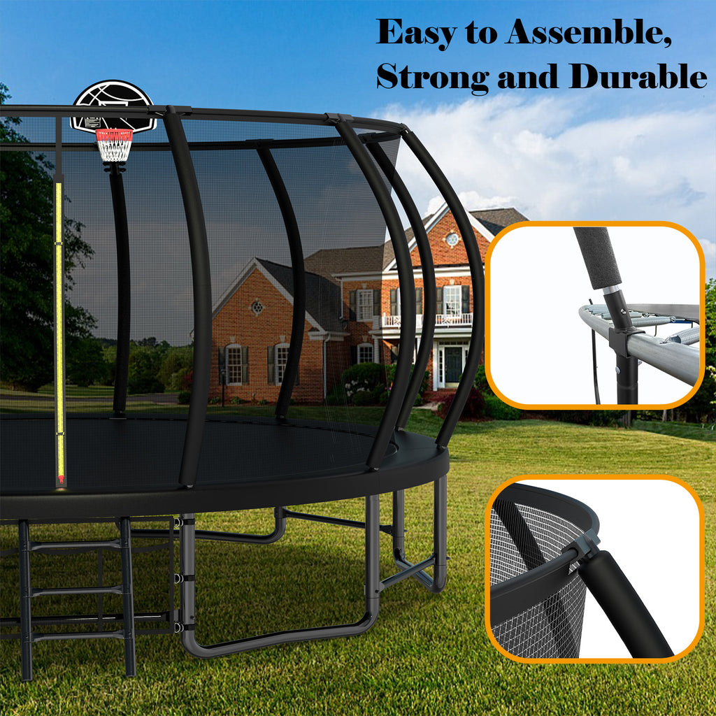 Mersco 16ft Trampoline for Kids Adults, Outdoor Pumpkin Trampoline with Enclosure Net, Basketball Hoop and Storage Bag,Black