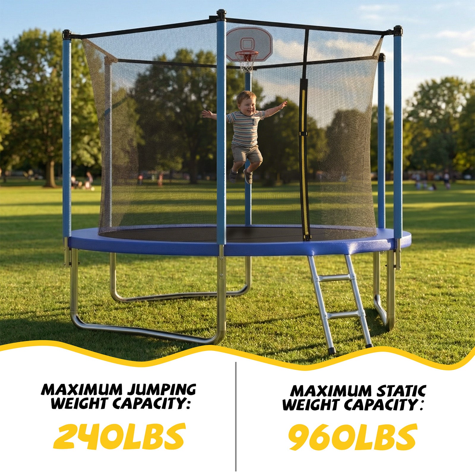 Mersco 10ft Trampoline for Kids,Outdoor Trampoline with Enclosure,Basketball Hoop and Ladder,Upright-Poled Backyard Trampoline PLAY for Family Fun,Jumping Trampoline fo Birthday Gifts,Blue
