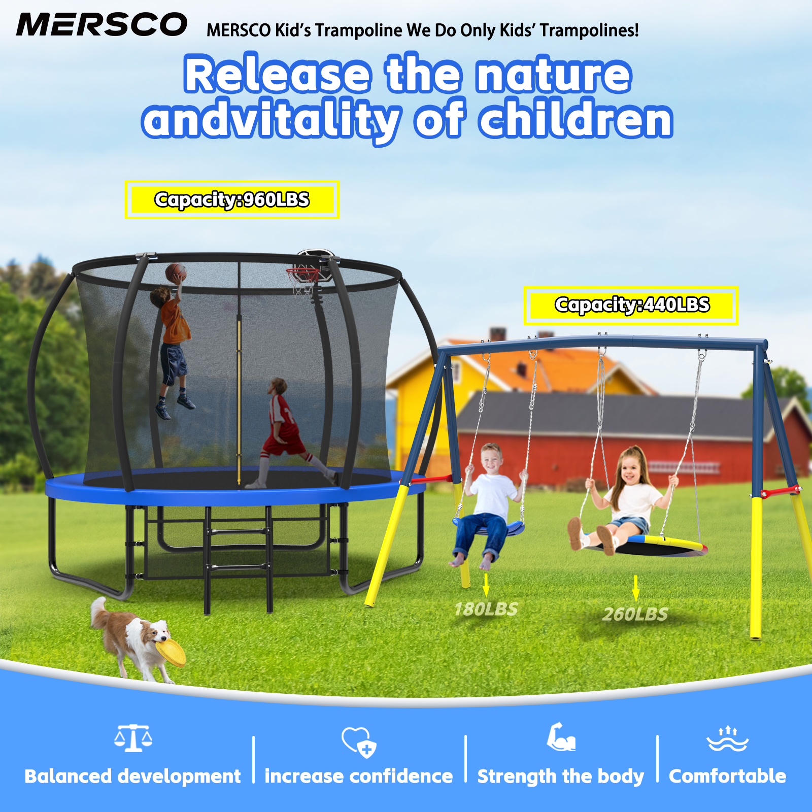 Mersco 10FT Heavy Duty Trampoline with Enclosure Net ,Swing Set Outdoor Big Trampoline for Backyard, Kids Trampoline with Basketball Hoop,Kids Birthday and Festival Gifts,Blue