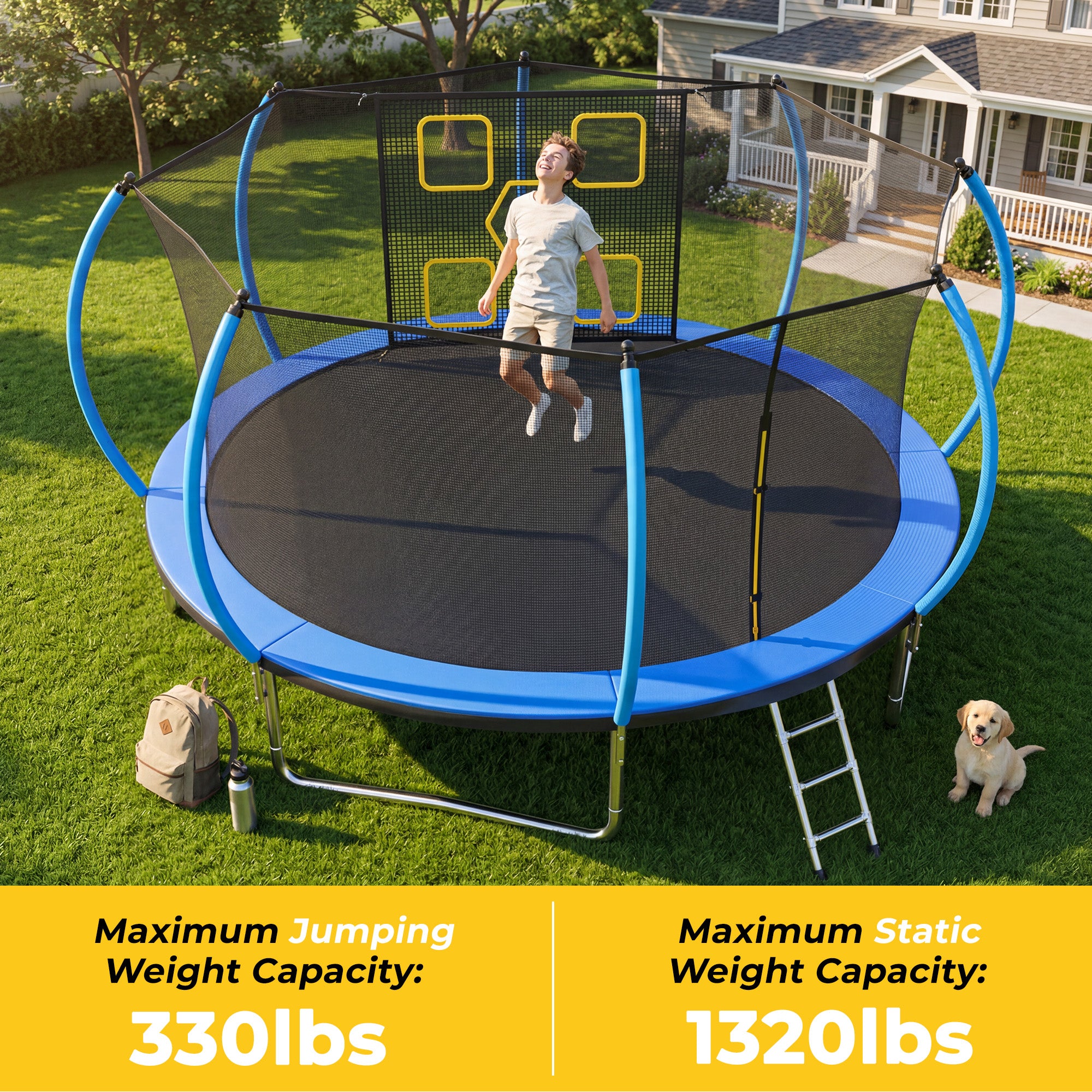 Mersco 14FT Trampoline for Kids with Mulifunctional Target Cloth,Outdoor Recreational Trampolines with Enclosure Net ,Ladder,Jumping Trampoline Space for Boys and Girls Birthday Festival Gifts,Blue