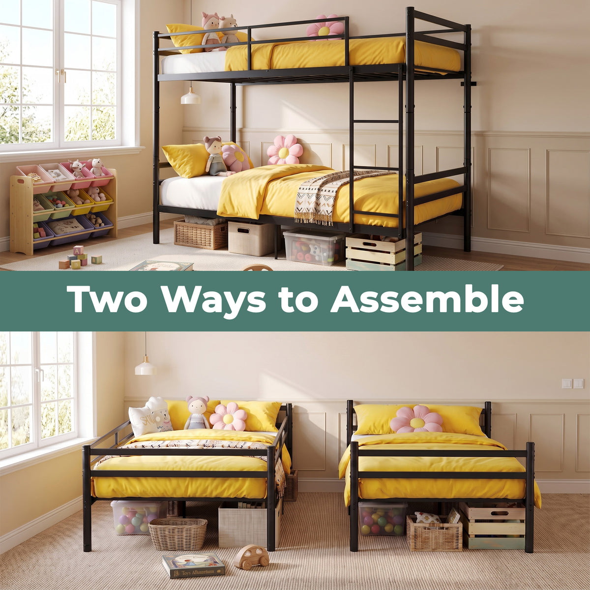 Kdymod Twin over Twin Metal Bunk Bed with Convertible 2-in-1 Design, Metal Bunk Bed Frame with Ladder & Safety Guardrail, Space-Saving for Teens and Adults, Black