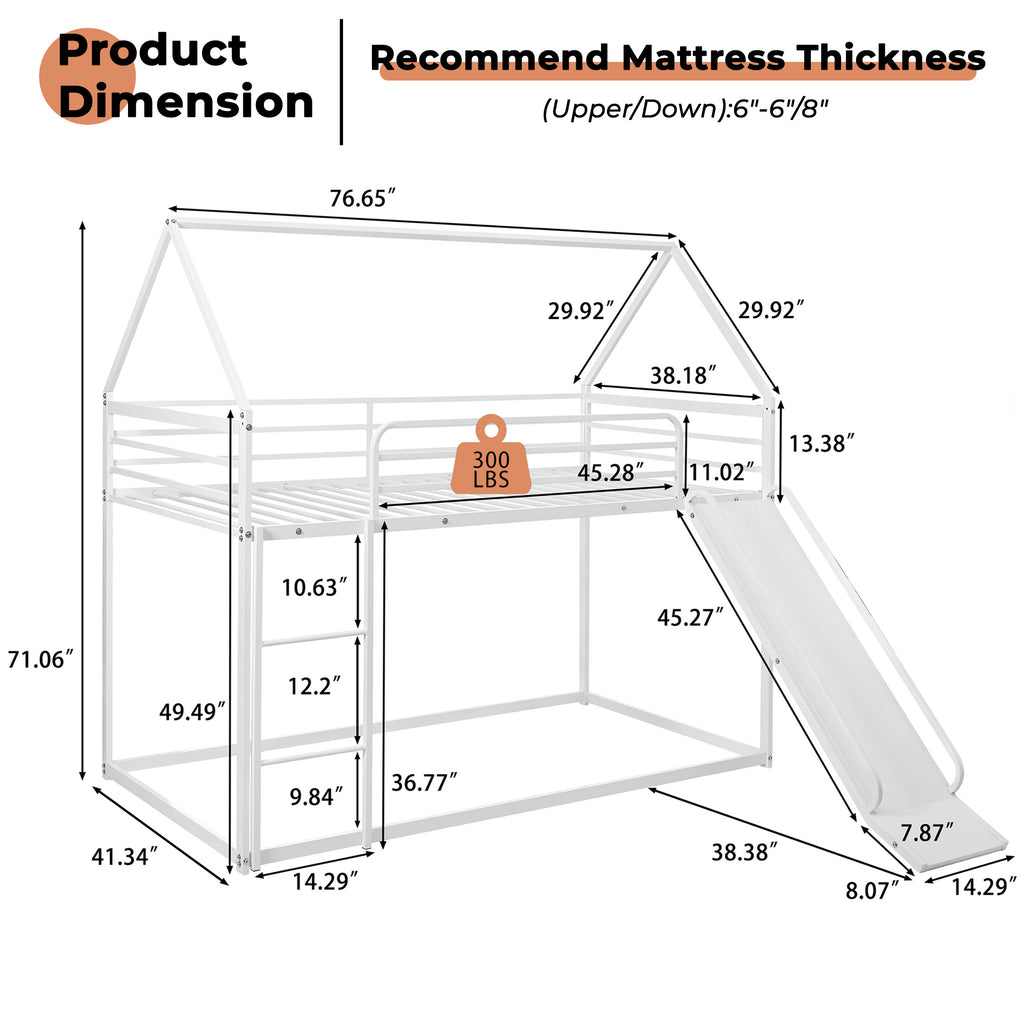 Uiowio Twin over Twin Bunk Bed with Stairs, Floor Bunk Bed Frame with Convertible Slide, Heavy Duty Metal Low Bed with House Shape and Roof, White