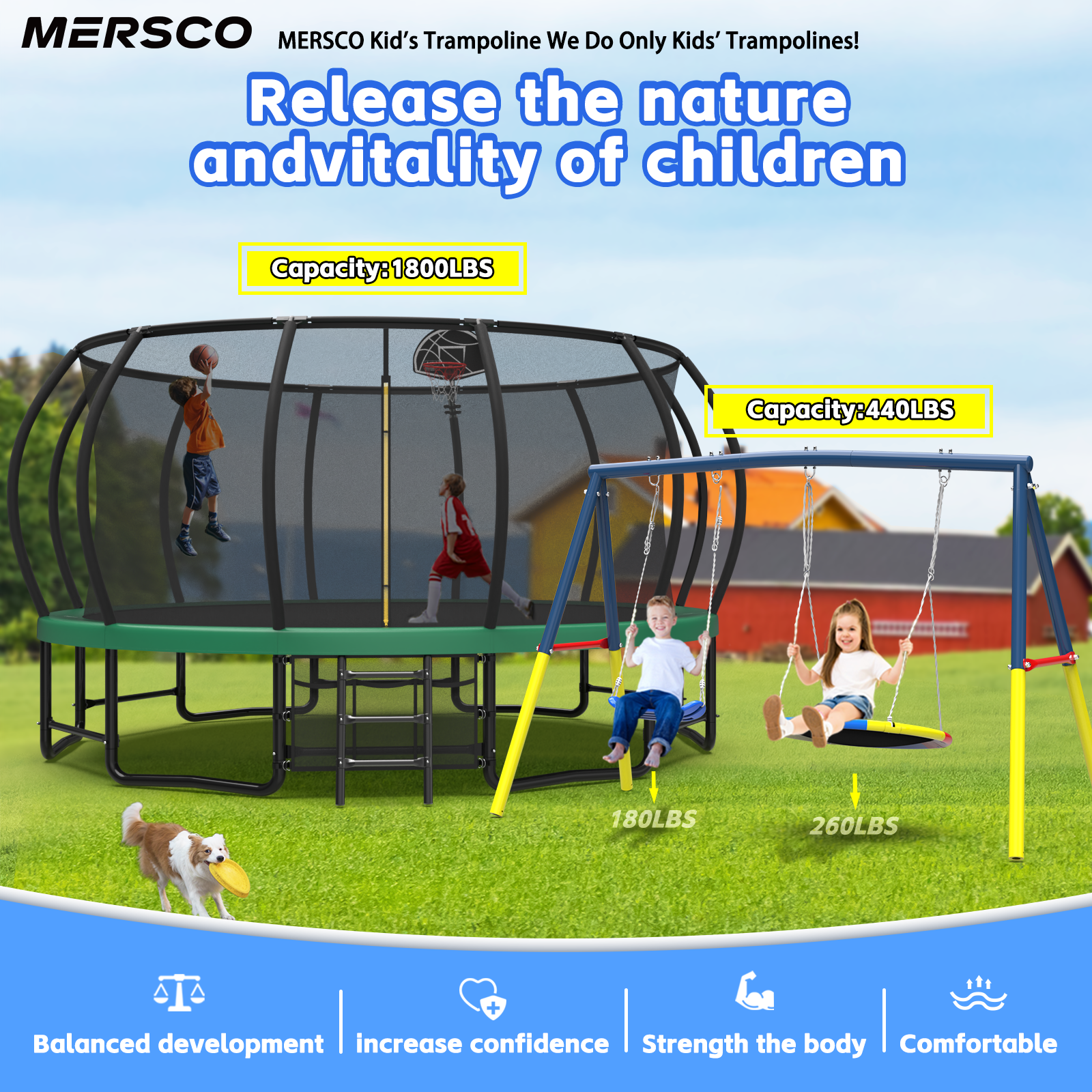 Mersco 15FT Heavy Duty Trampoline with Enclosure Net & Swing Set Outdoor Big Trampoline for Backyard, Kids Trampoline with Basketball Hoop, 1320LBS Capacity (Green)