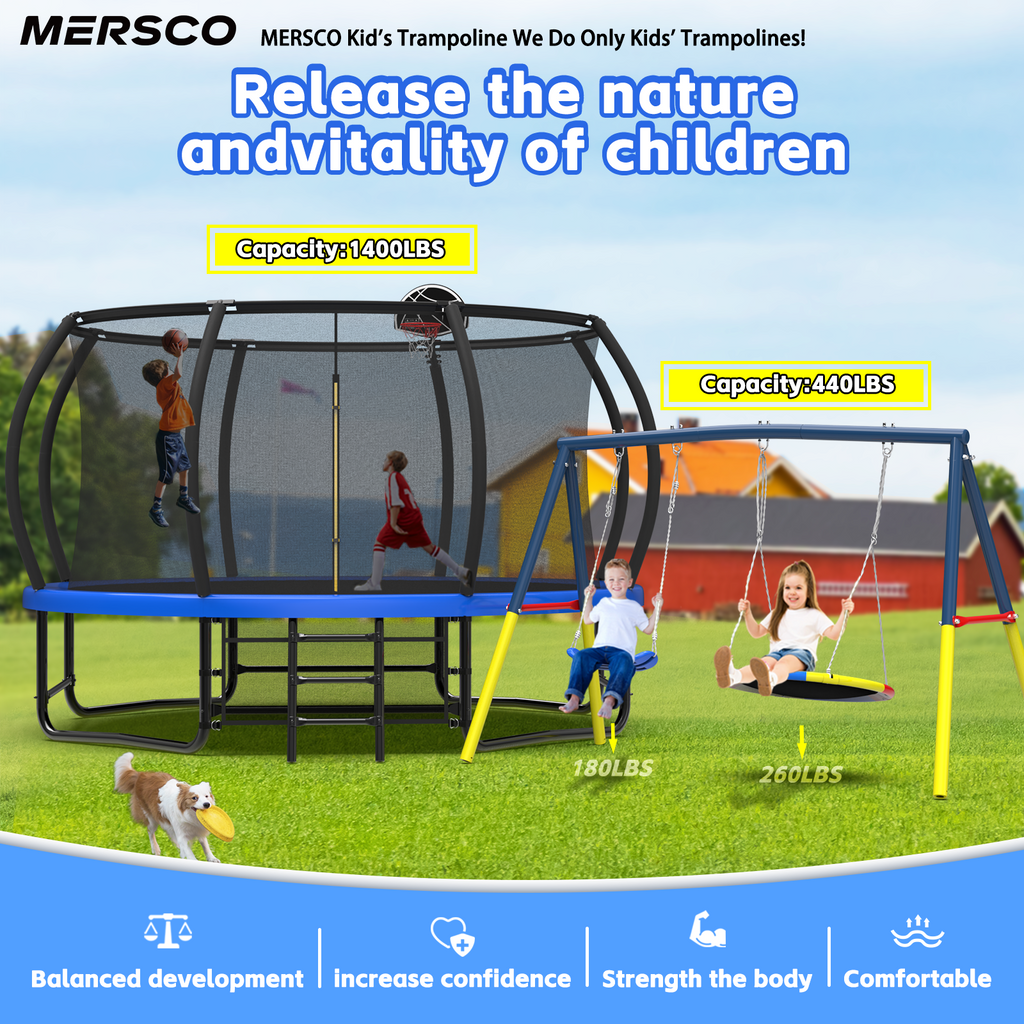 Mersco 14FT Heavy Duty Trampoline with Enclosure Net & Swing Set Outdoor Big Trampoline for Backyard, Kids Trampoline with Basketball Hoop, 1320LBS Capacity (Blue)