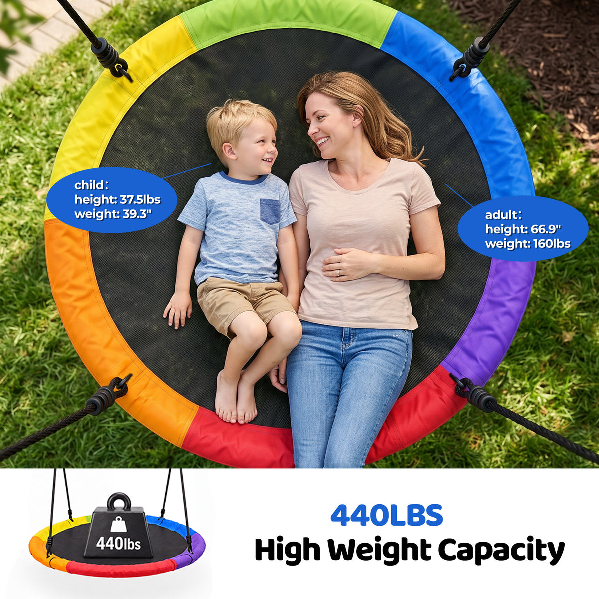 Mersco 60" Saucer Swing with Stand for Adults & Kids, Extra-Large Detachable Round Swing, 440 lbs Heavy-Duty A-Frame for Small Backyards & Camping,Blue