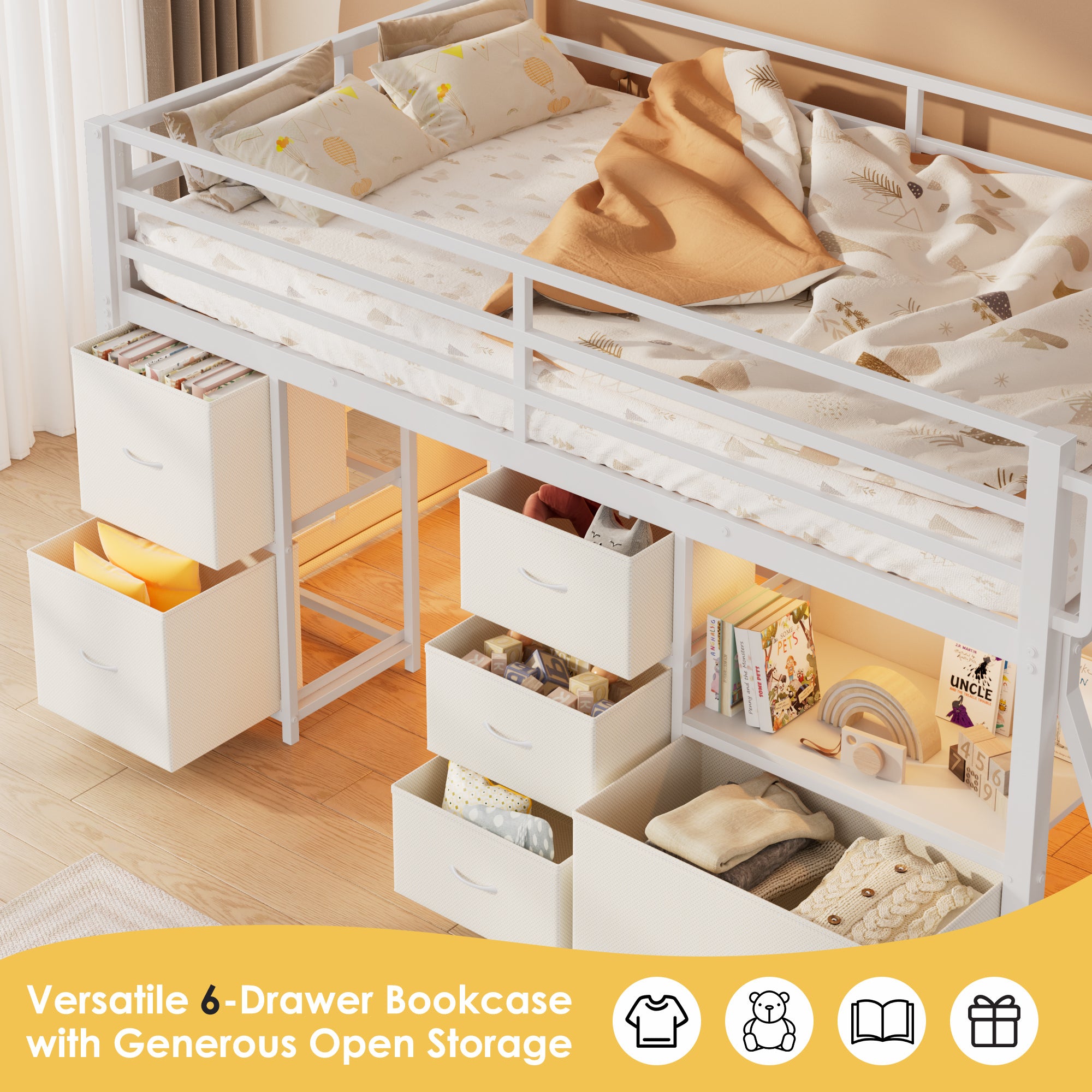 Kdymod Full Loft Bed with 6 Storage Drawers & Shelf, Loft Bed with LED Lights & Play Curtain, Metal Loft Bed Frame with Ladder & Safety Guardrail, White