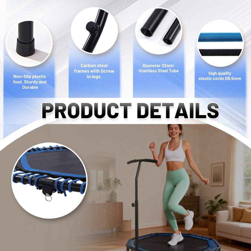 Mersco 48'' Foldable Fitness Trampoline With Adjustable Handlebar for Adults, 450LBS Indoor Sports Trampoline With Durable Bungee Ropes,Quiet Exercise Rebounder for Cardio and Strength Training ,Blue