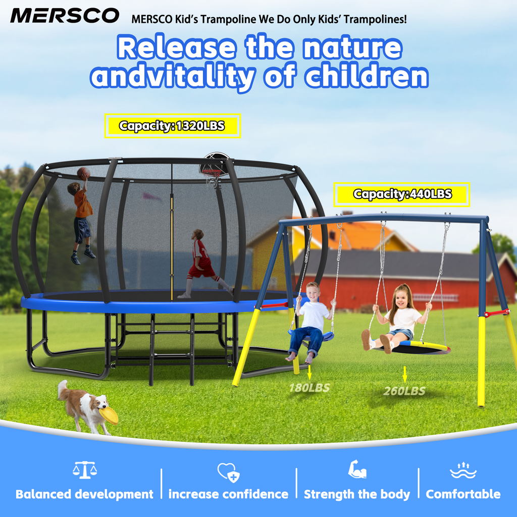 Mersco 12FT Heavy Duty Trampoline with Enclosure Net , Swing Set Outdoor Big Trampoline for Backyard, Kids Trampoline with Basketball Hoop,Kids Birthday and Festival Gifts, Blue