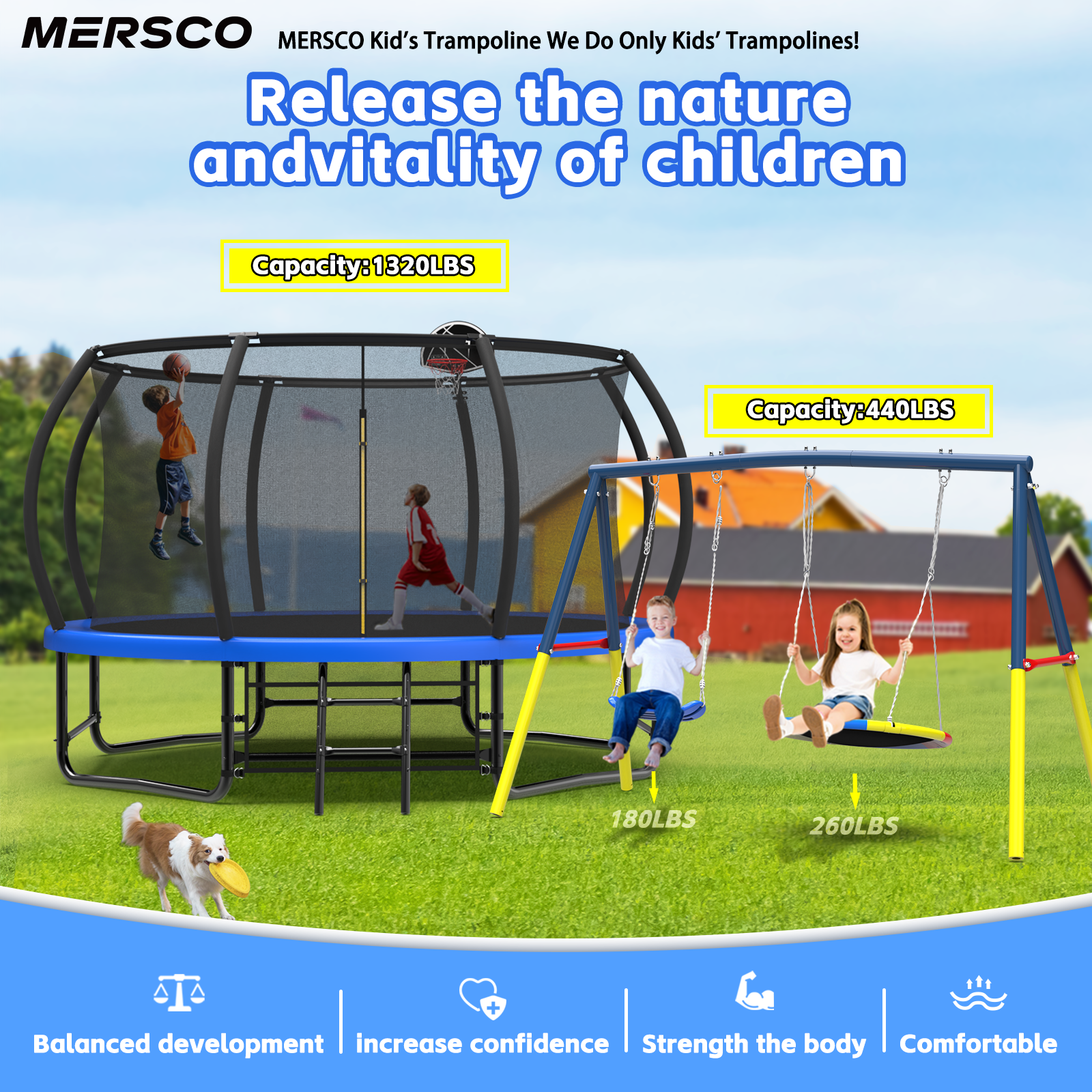 Mersco 12FT Heavy Duty Trampoline with Enclosure Net , Swing Set Outdoor Big Trampoline for Backyard, Kids Trampoline with Basketball Hoop,Kids Birthday and Festival Gifts, Blue