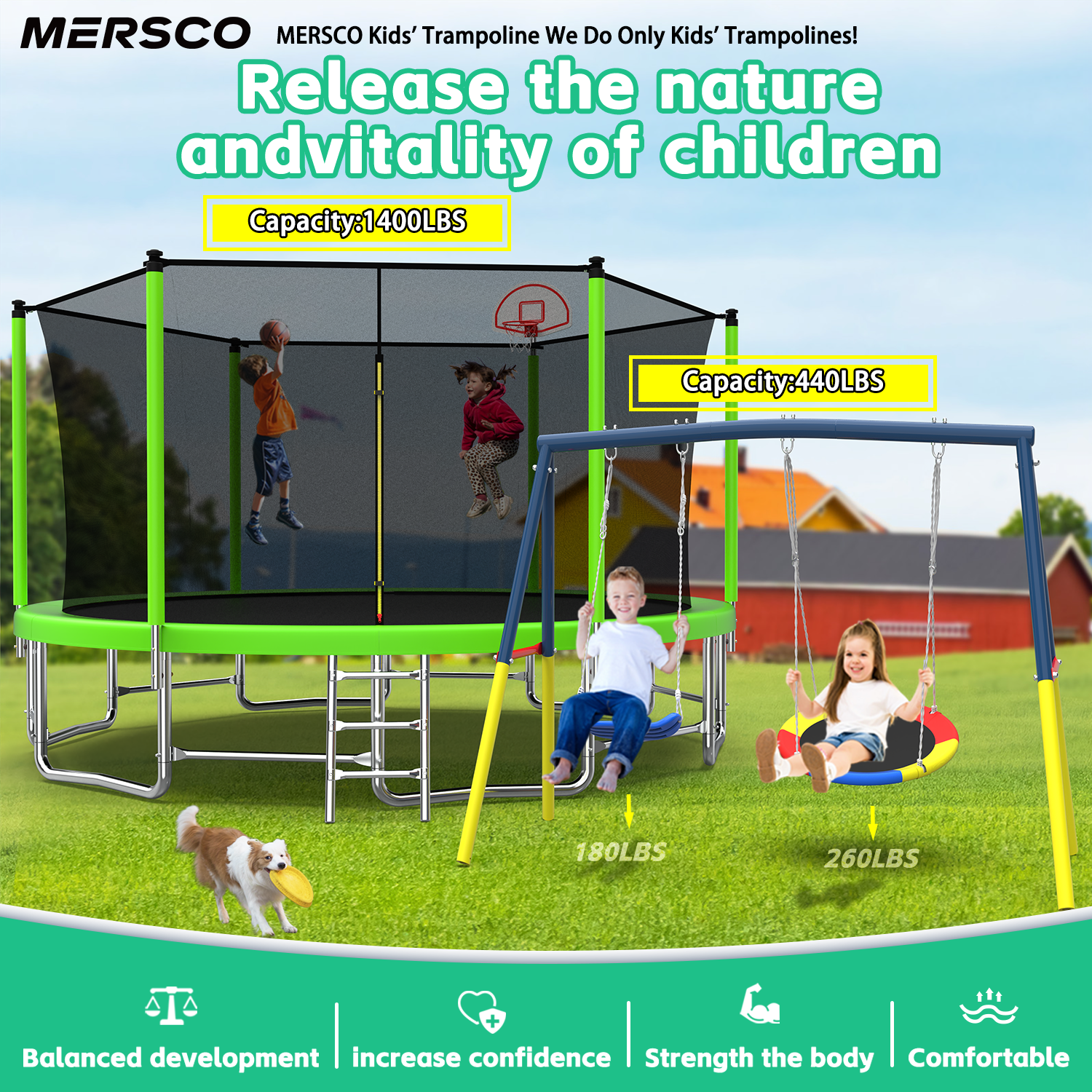 Mersco 16FT Heavy Duty Trampoline with Enclosure Net , Swing Set Outdoor Big Trampoline for Backyard,Kids Trampoline with Basketball Hoop,Birthday and Holiday Gifts for Kids,Green